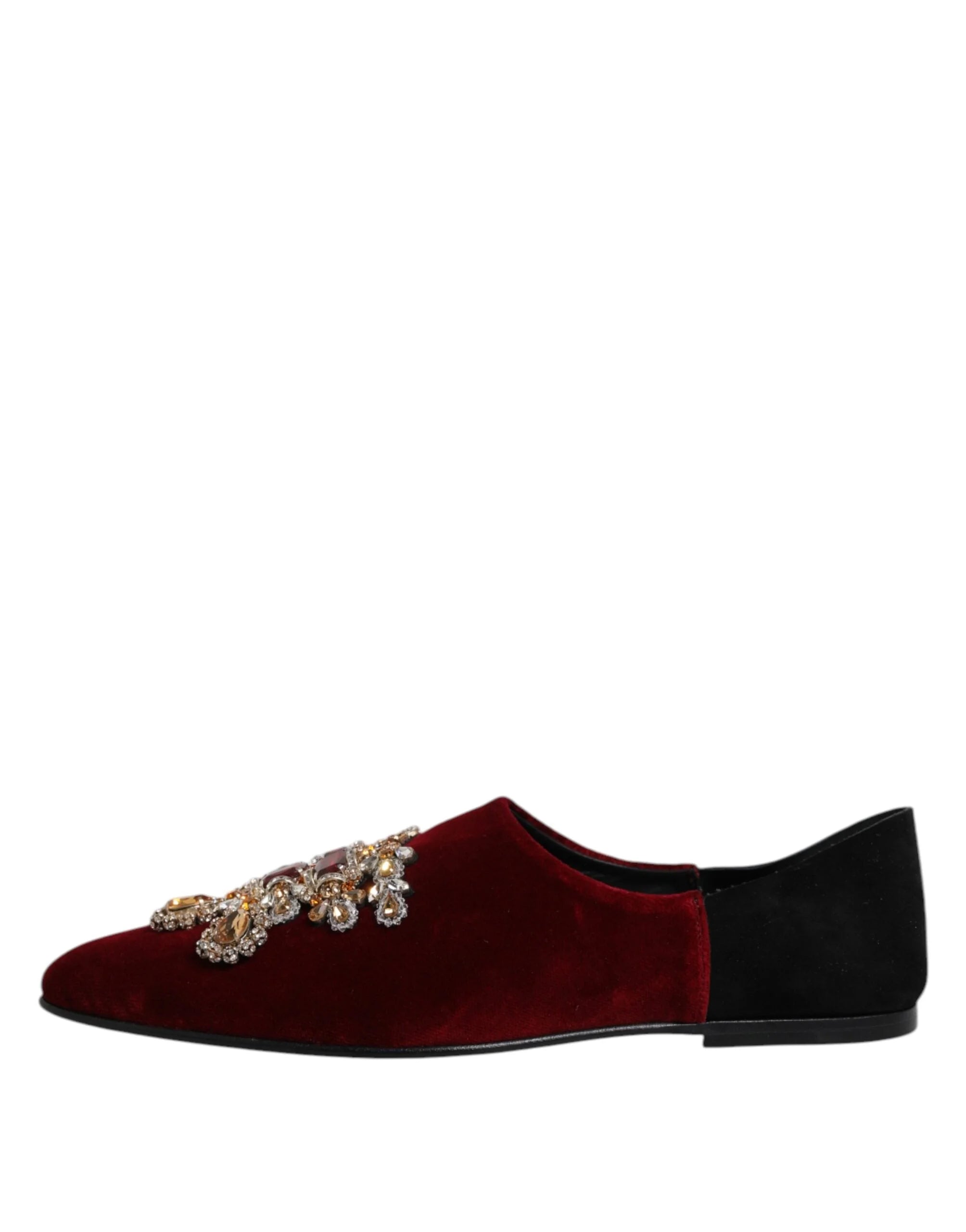 Dolce & Gabbana Black Red Velvet Embellished Slip On Shoes - EU45/US12 - Flats