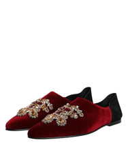 Dolce & Gabbana Black Red Velvet Embellished Slip On Shoes - EU45/US12