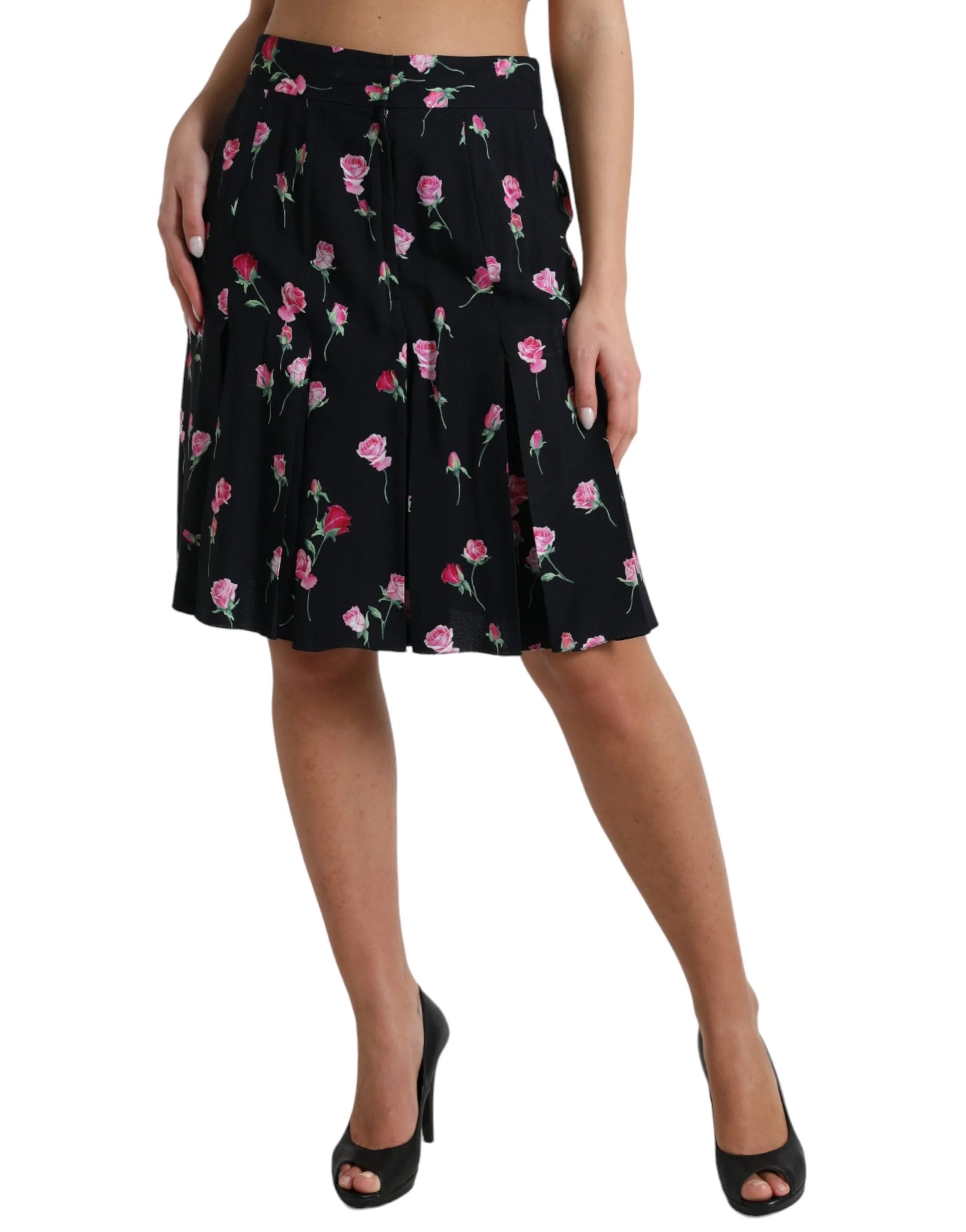 Dolce & Gabbana Black Rose High Waist A-line Knee Length Skirt - IT40|S - Skirts