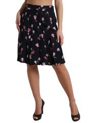 Dolce & Gabbana Black Rose High Waist A-line Knee Length Skirt - IT40|S - Skirts