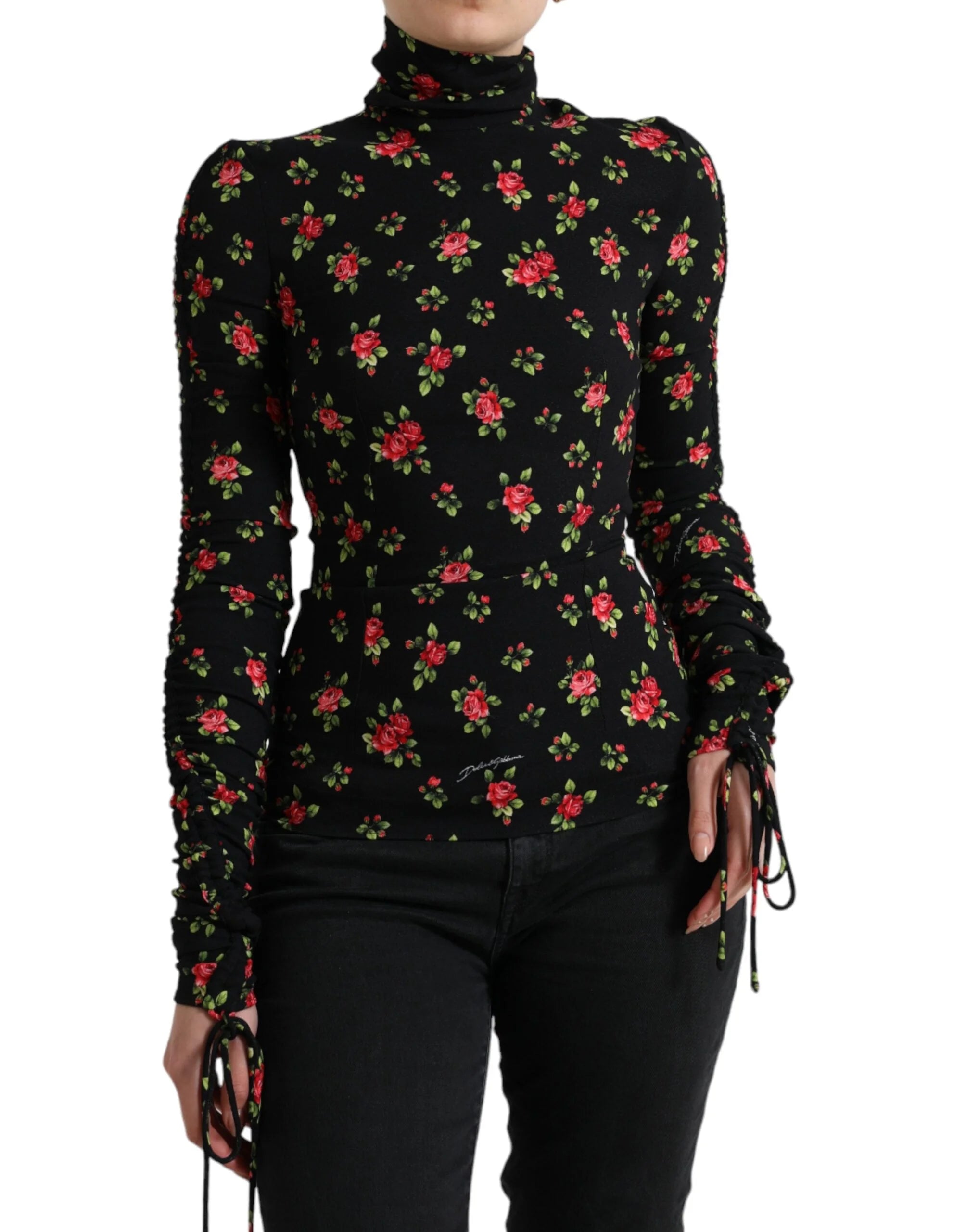 Dolce & Gabbana Black Rose Print Turtle Neck Blouse Top - IT40|S - Blouses