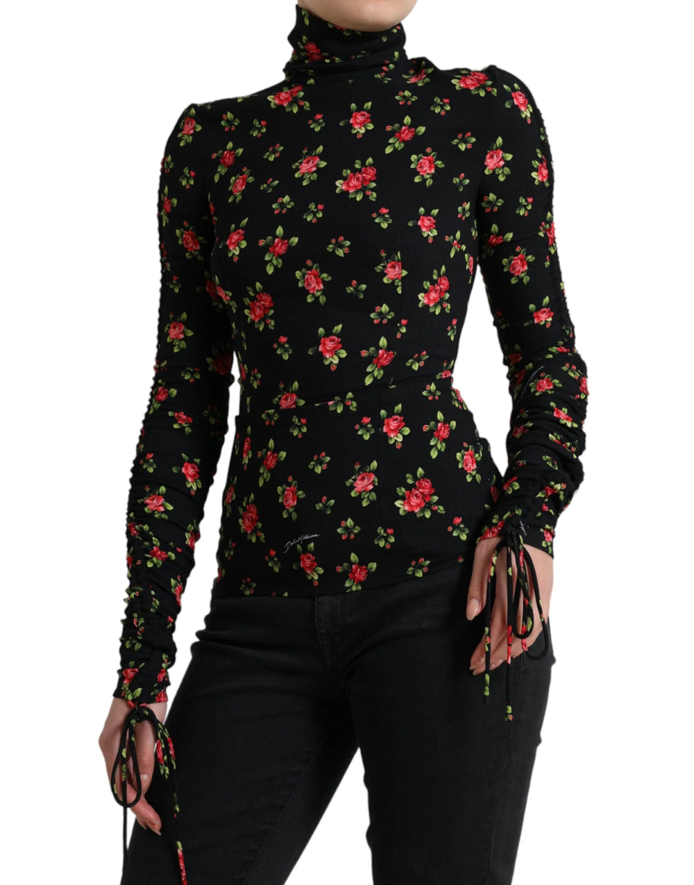 Dolce & Gabbana Black Rose Print Turtle Neck Blouse Top - IT40|S - Blouses