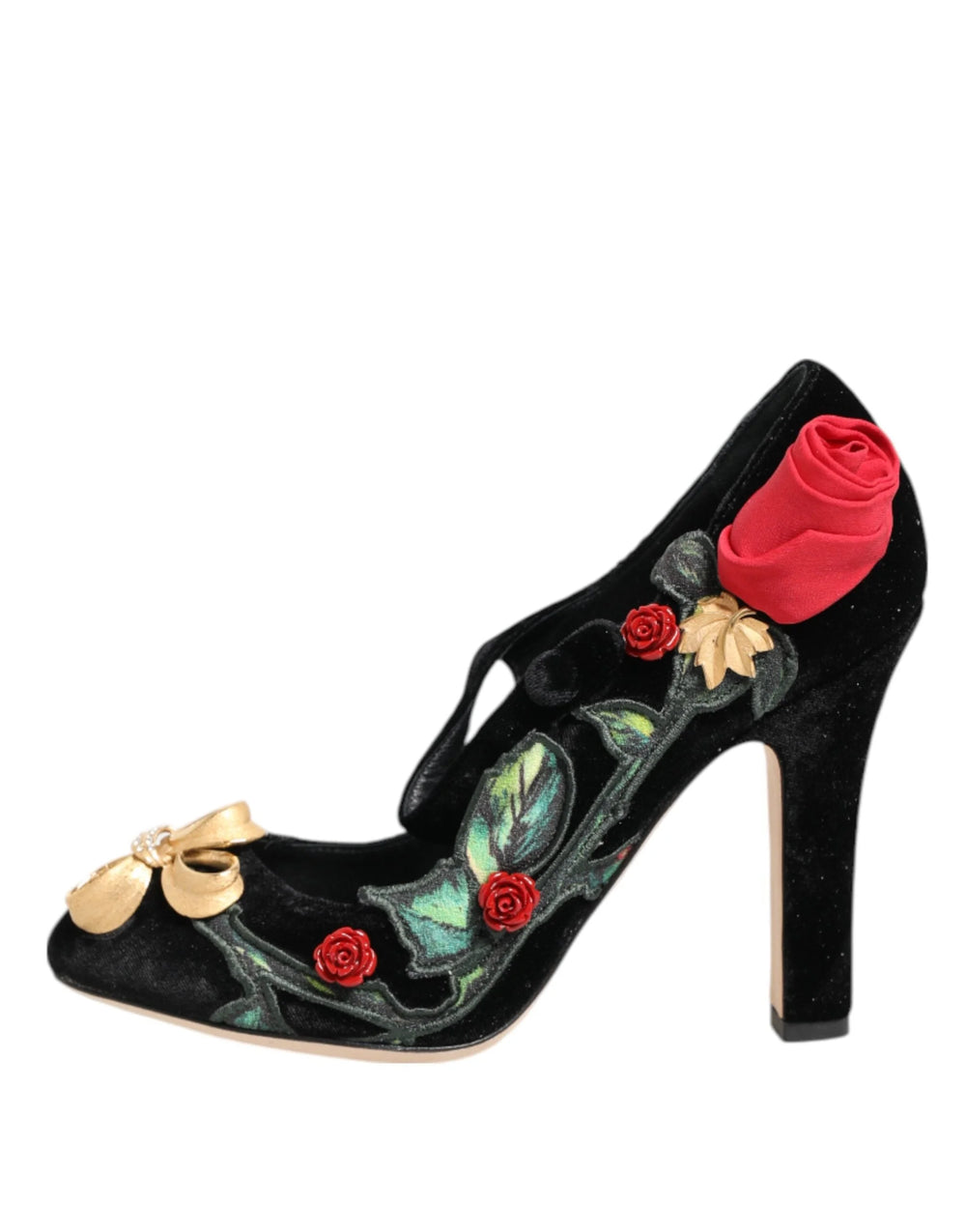 Dolce & Gabbana Black Roses Crystal Brooch Mary Jane Shoes - Heels