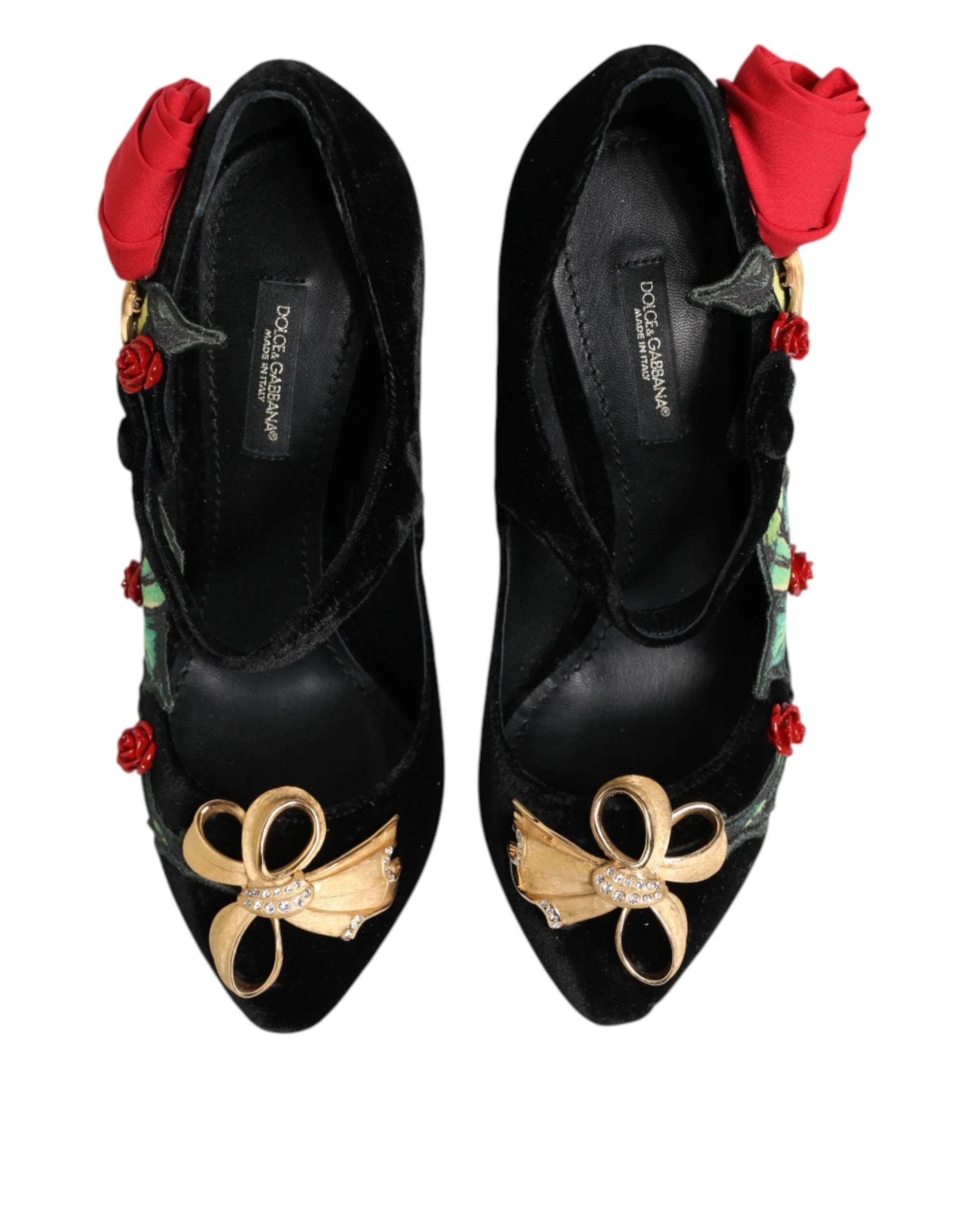 Dolce & Gabbana Black Roses Crystal Brooch Mary Jane Shoes - Heels
