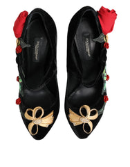Dolce & Gabbana Black Roses Crystal Brooch Mary Jane Shoes - Heels