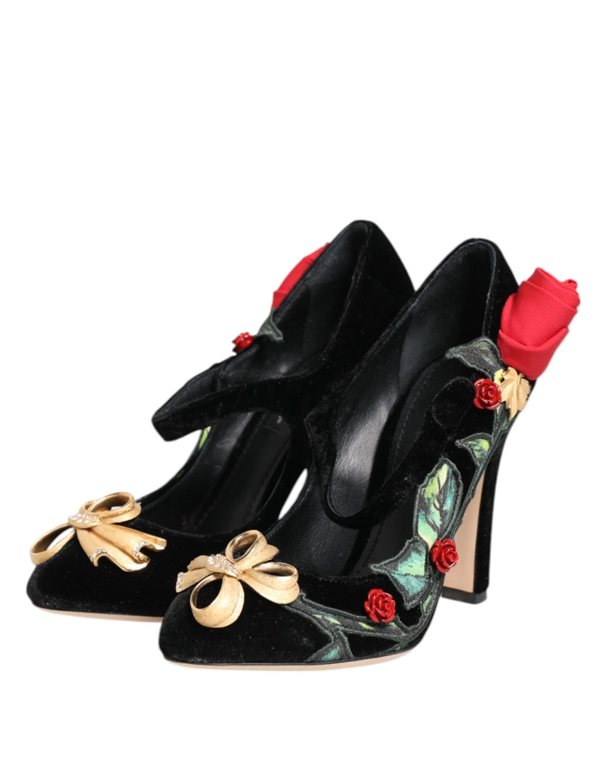 Dolce & Gabbana Black Roses Crystal Brooch Mary Jane Shoes - Heels