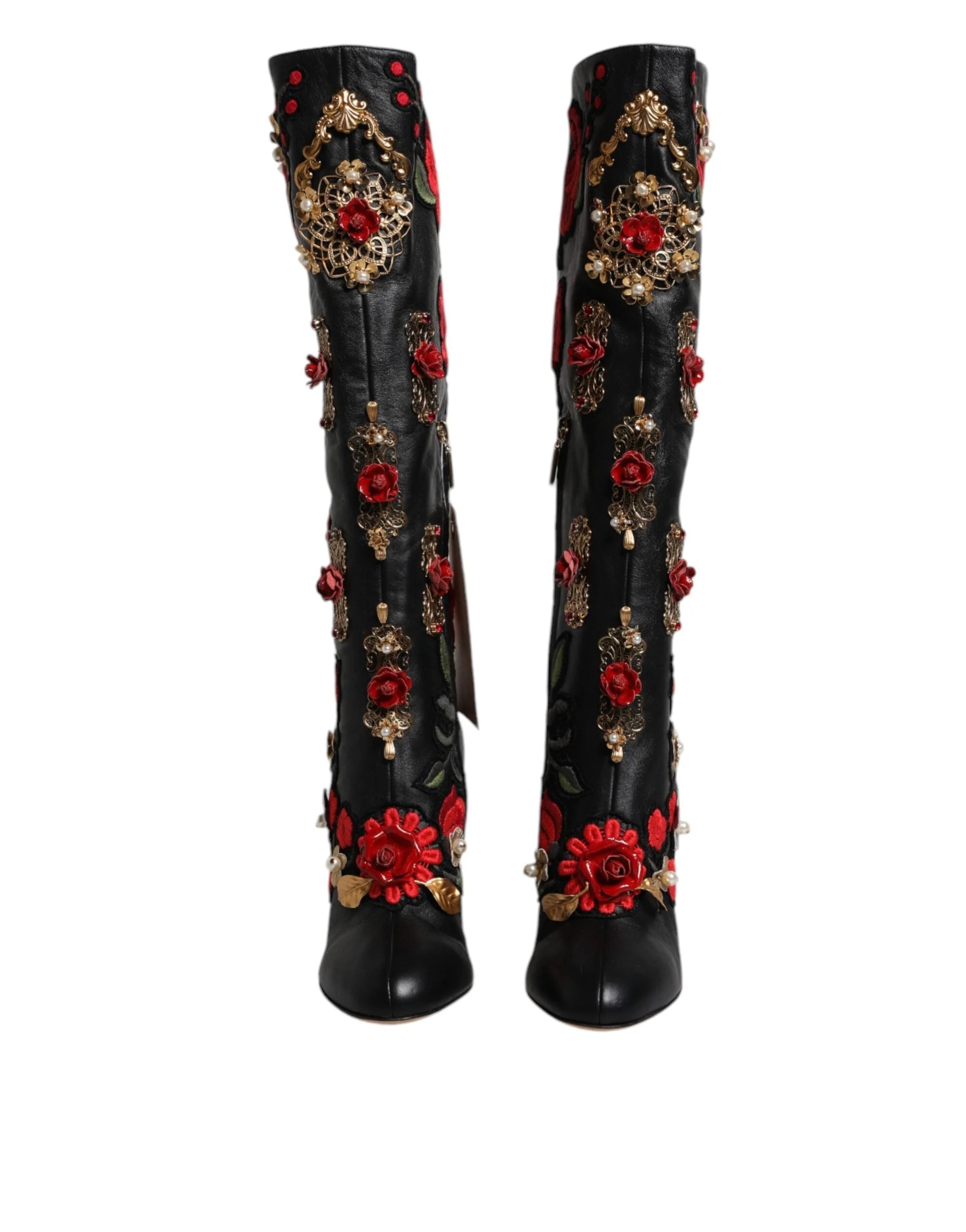 Dolce & Gabbana Black Roses Embellished Leather Heel Boots Shoes - EU39/US8.5 - Boots