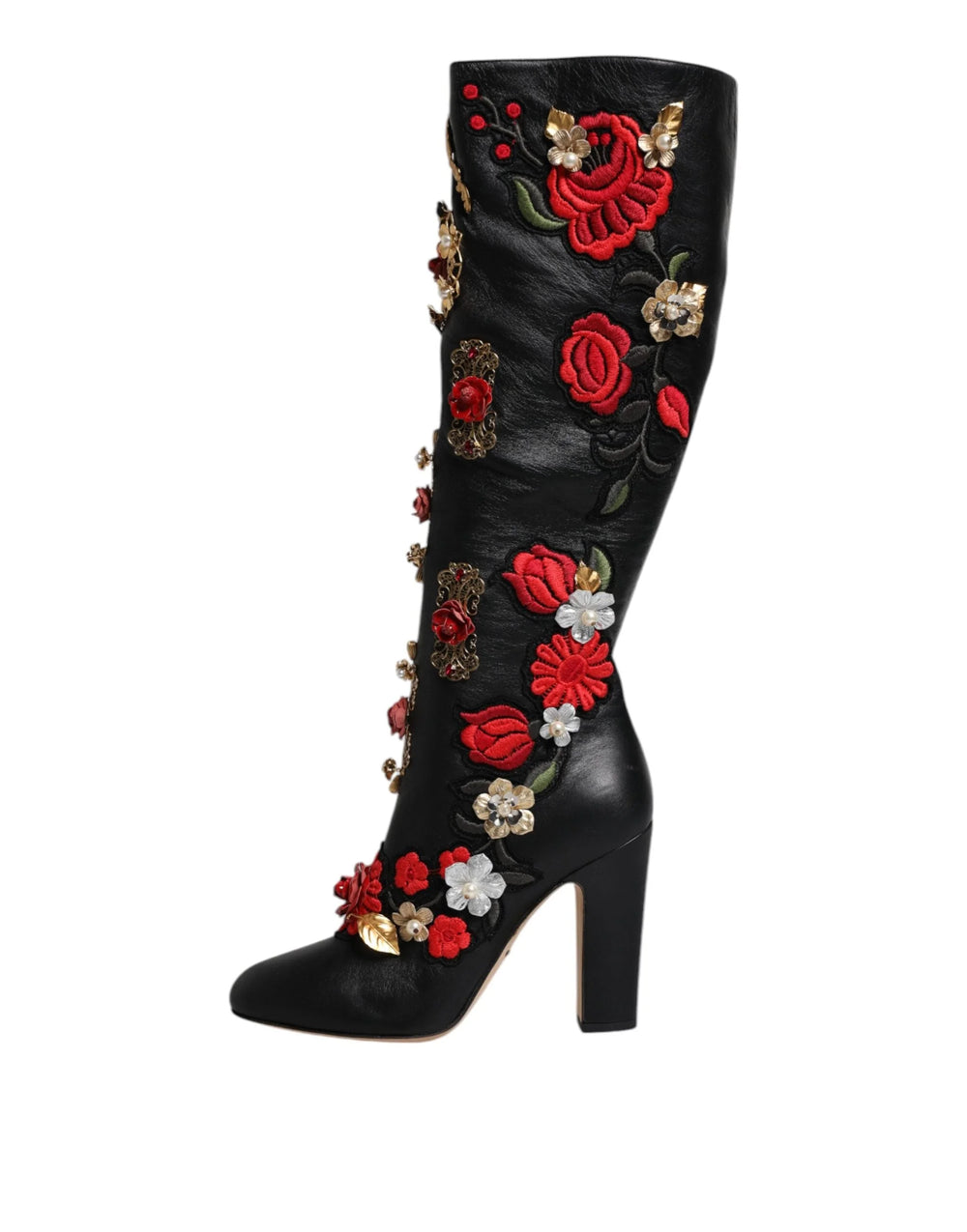 Dolce & Gabbana Black Roses Embellished Leather Heel Boots Shoes - EU39/US8.5 - Boots