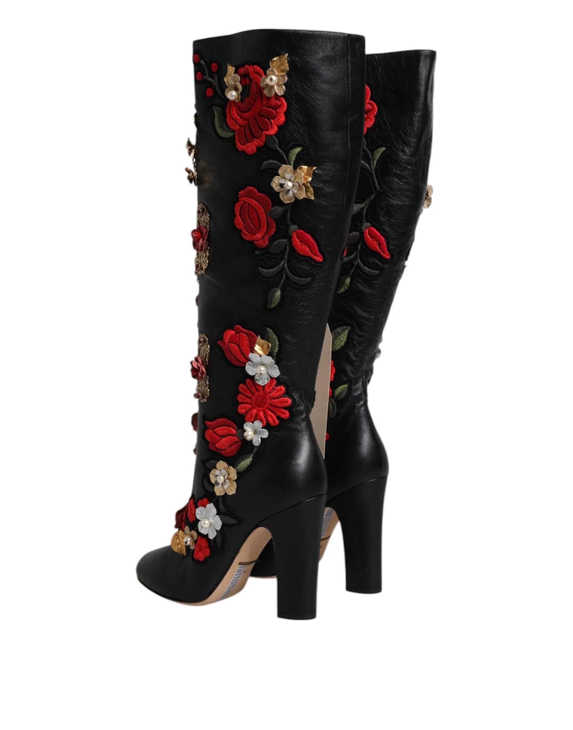 Dolce & Gabbana Black Roses Embellished Leather Heel Boots Shoes - EU39/US8.5 - Boots