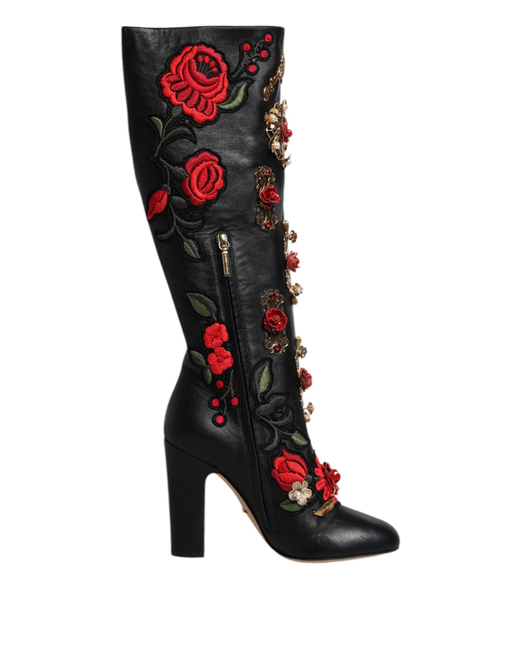 Dolce & Gabbana Black Roses Embellished Leather Heel Boots Shoes - EU39/US8.5 - Boots