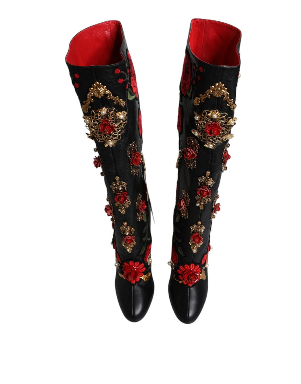 Dolce & Gabbana Black Roses Embellished Leather Heel Boots Shoes - EU39/US8.5 - Boots