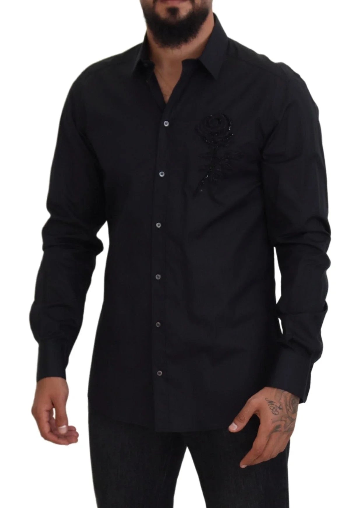 Dolce & Gabbana Black Roses Slim Fit Cotton Shirt - Shirts