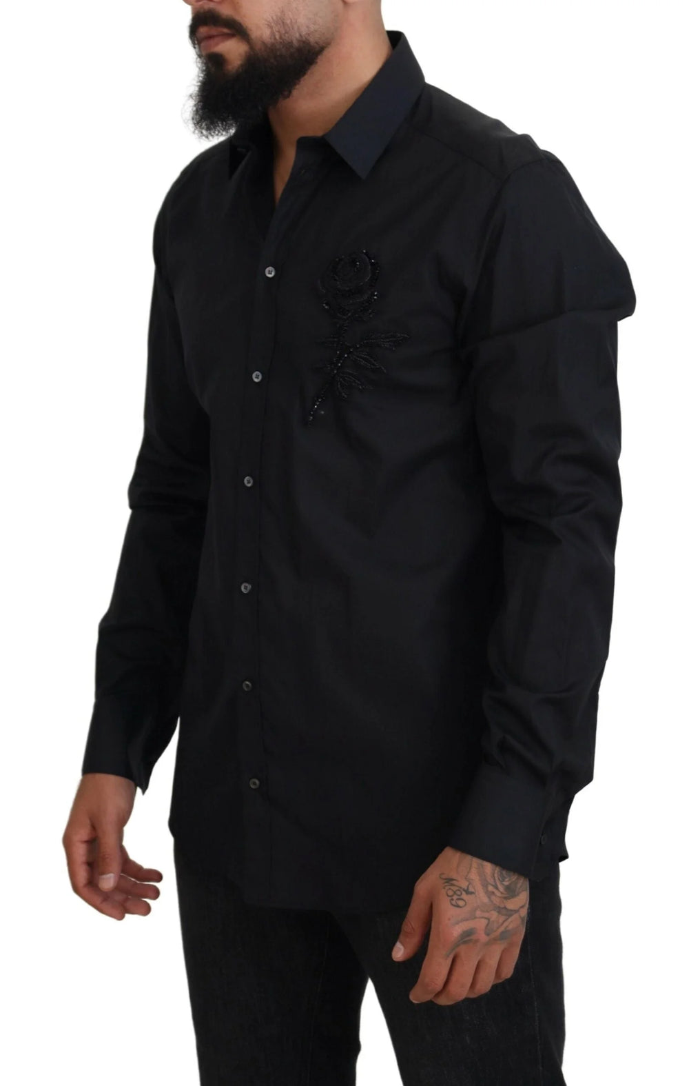Dolce & Gabbana Black Roses Slim Fit Cotton Shirt - Shirts