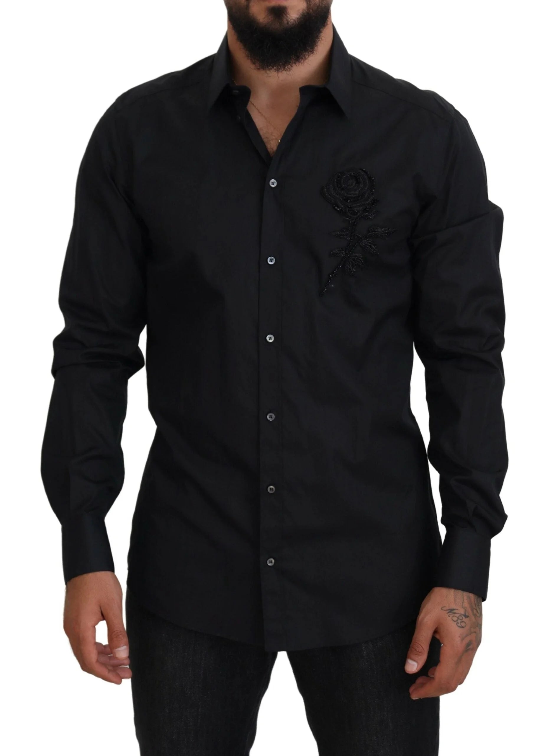 Dolce & Gabbana Black Roses Slim Fit Cotton Shirt - Shirts