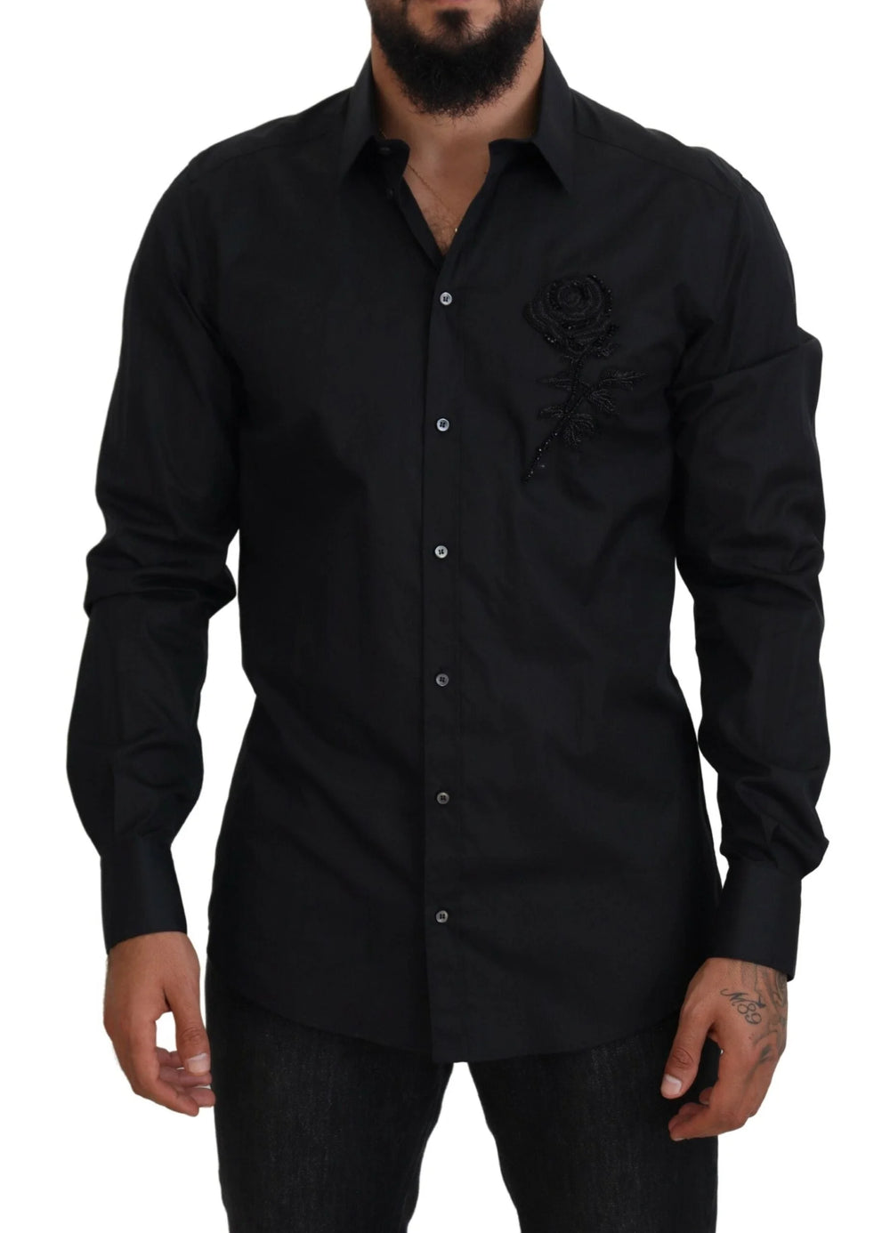 Dolce & Gabbana Black Roses Slim Fit Cotton Shirt - Shirts