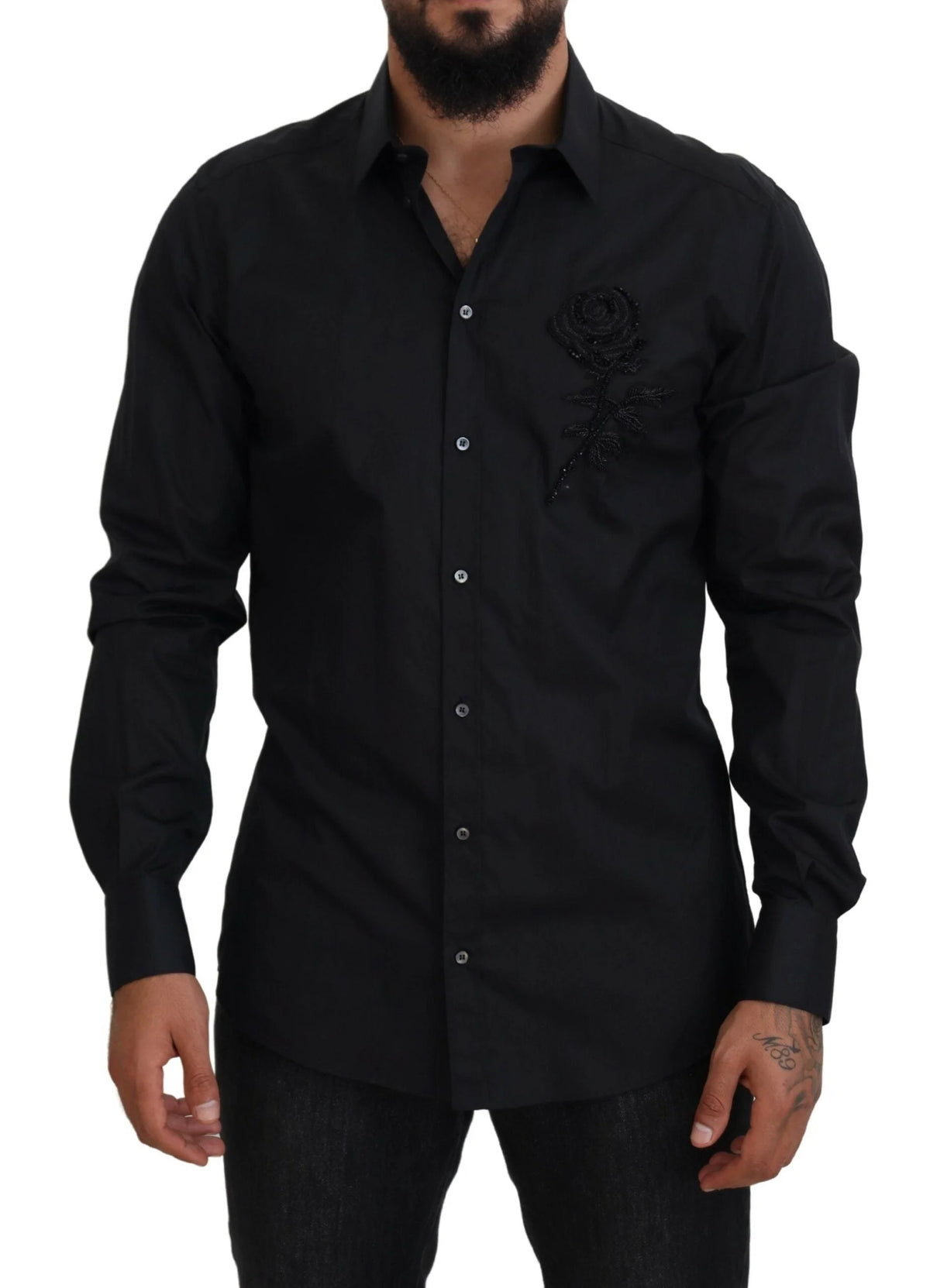 Dolce & Gabbana Black Roses Slim Fit Cotton Shirt - Shirts