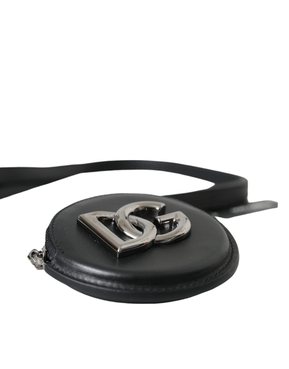 Dolce & Gabbana Black Round Leather DG Logo Coin Purse Lanyard Wallet - Coin Purses