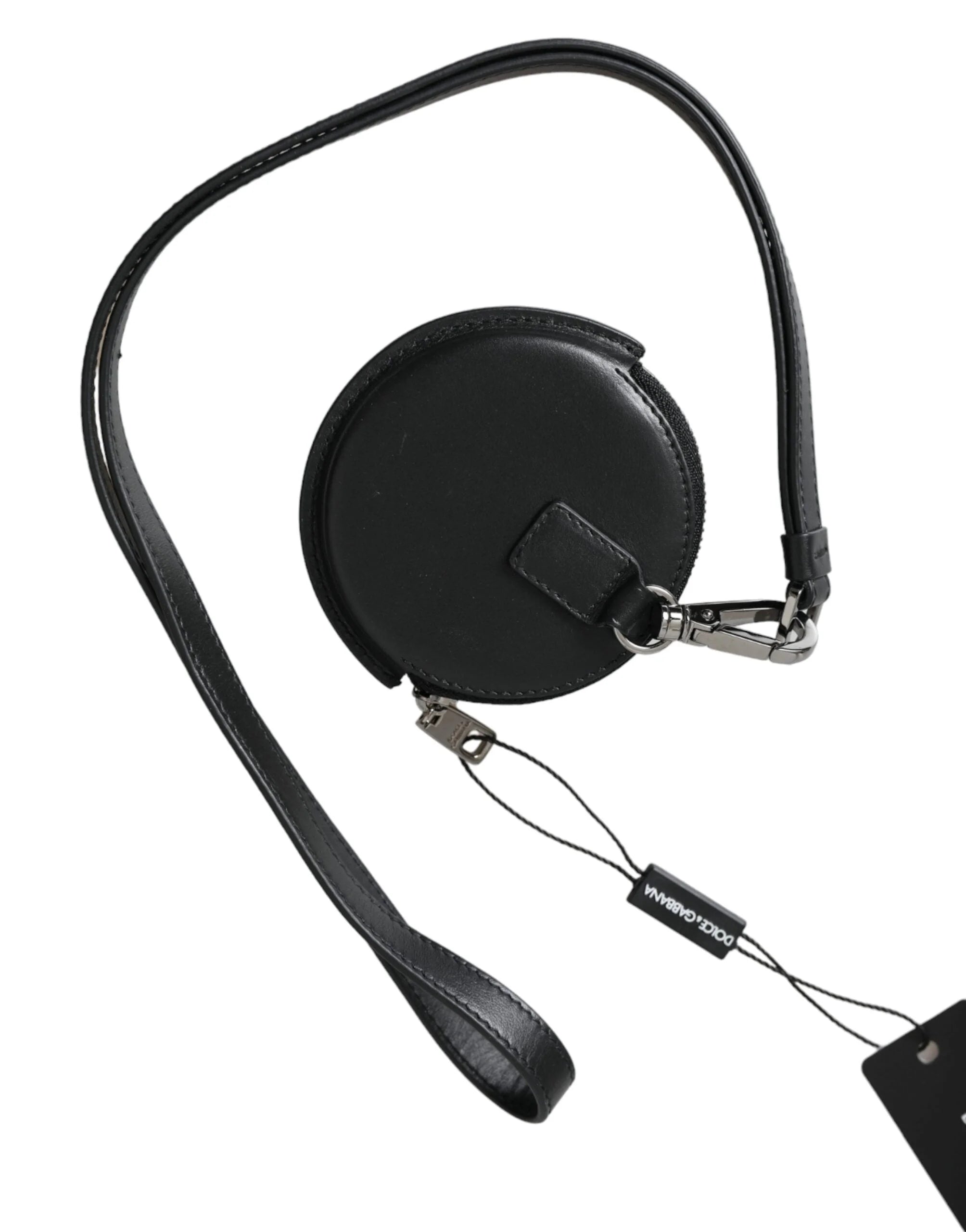 Dolce & Gabbana Black Round Leather DG Logo Coin Purse Lanyard Wallet - Coin Purses