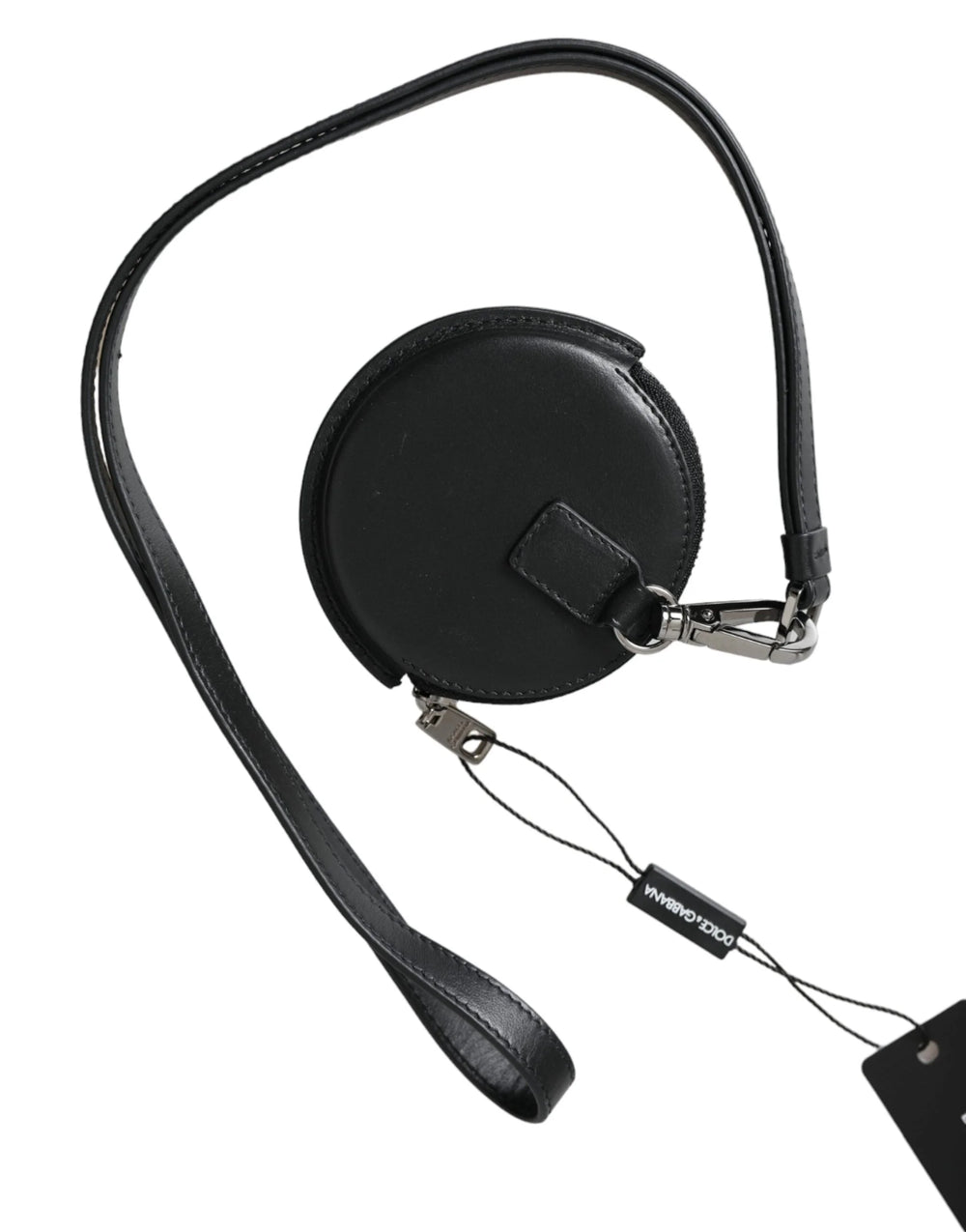 Dolce & Gabbana Black Round Leather DG Logo Coin Purse Lanyard Wallet - Coin Purses