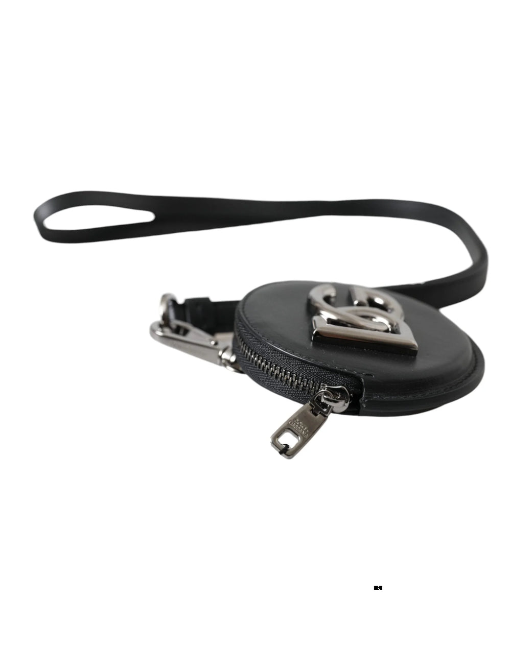 Dolce & Gabbana Black Round Leather DG Logo Coin Purse Lanyard Wallet - Coin Purses