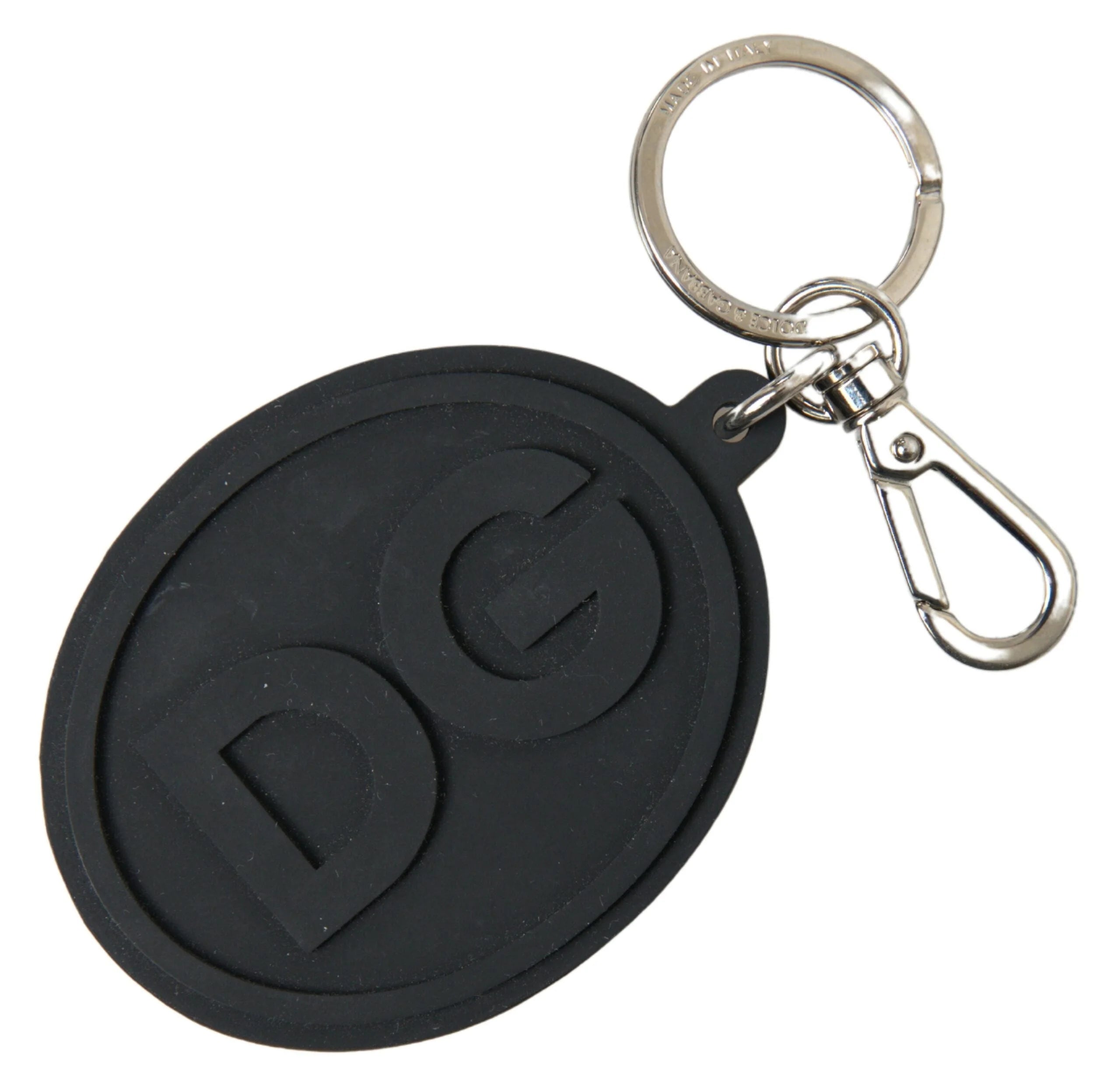 Dolce & Gabbana Black Rubber DG Logo Silver Brass Metal Keychain - Keychains