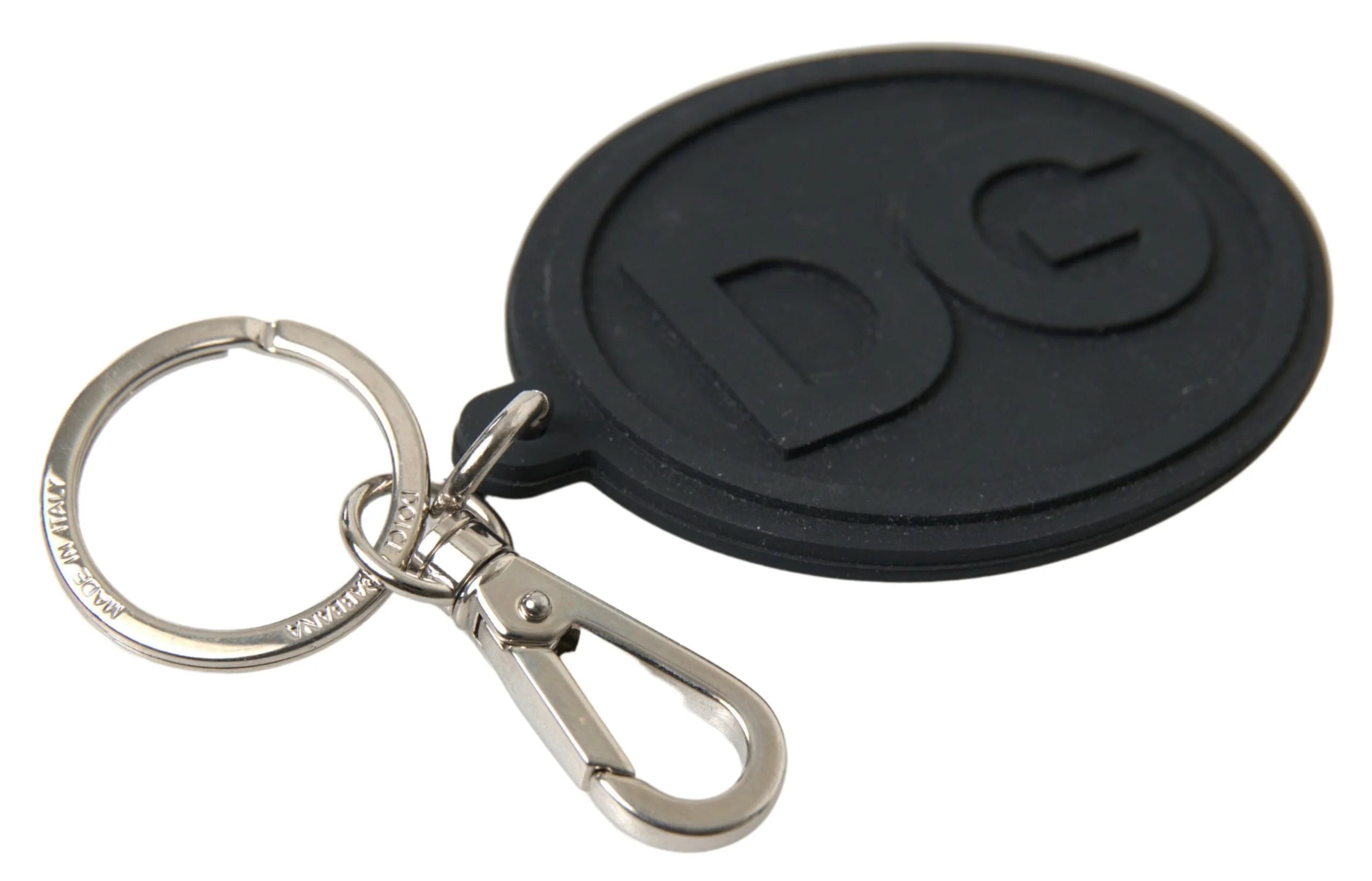 Dolce & Gabbana Black Rubber DG Logo Silver Brass Metal Keychain - Keychains