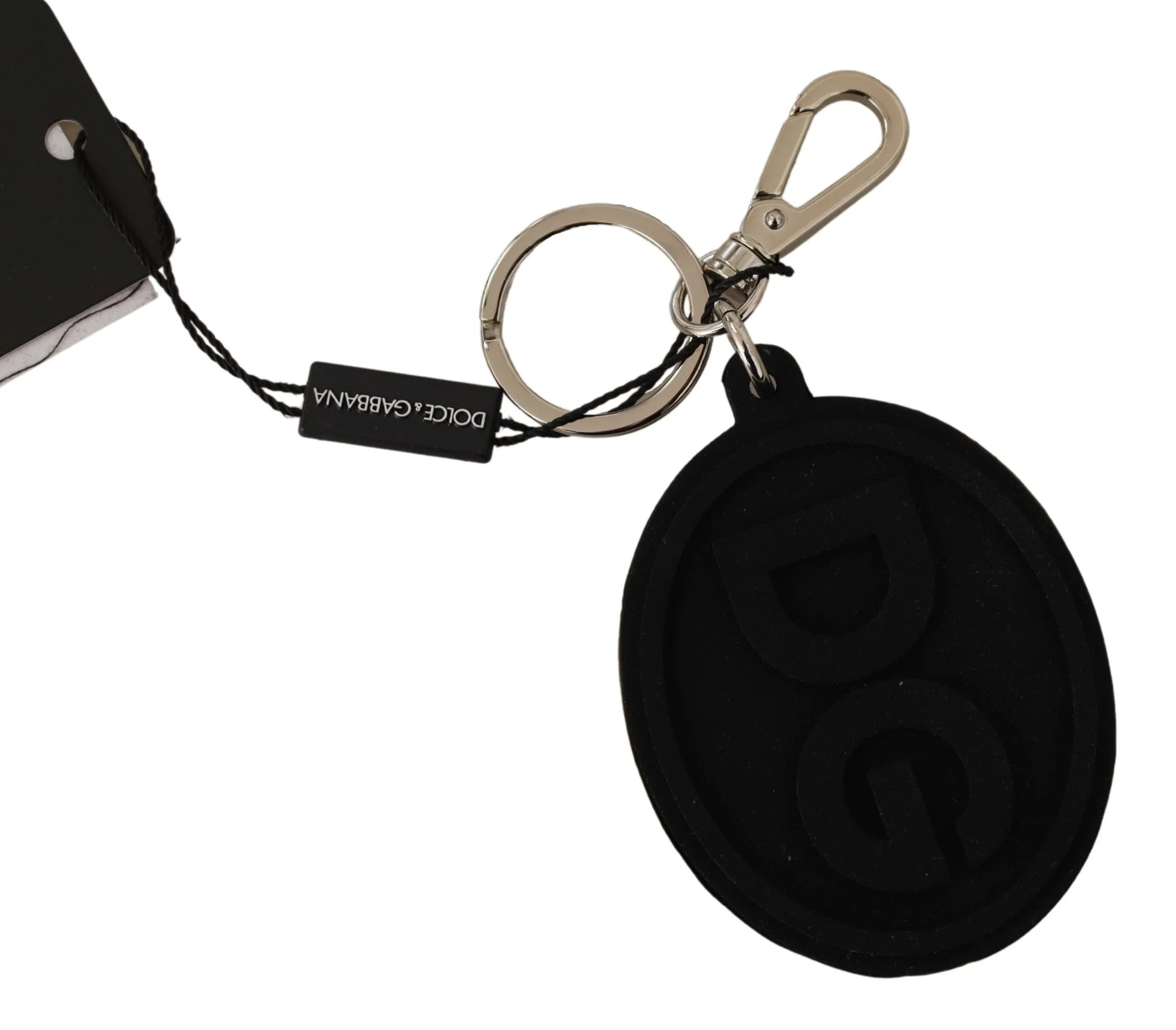 Dolce & Gabbana Black Rubber DG Logo Silver Brass Metal Keychain - Keychains
