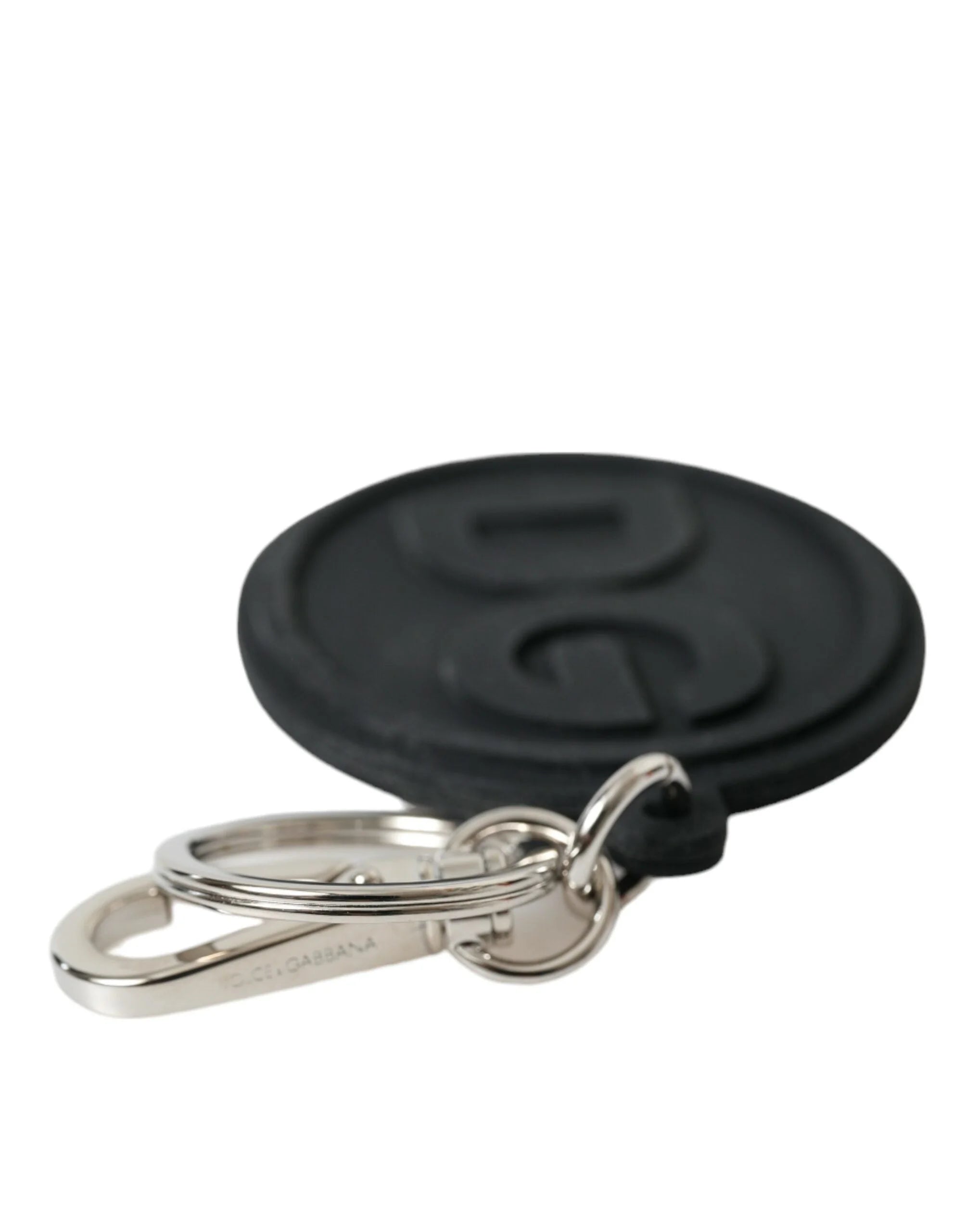 Dolce & Gabbana Black Rubber DG Logo Silver Brass Metal Keyring Keychain - Keychains