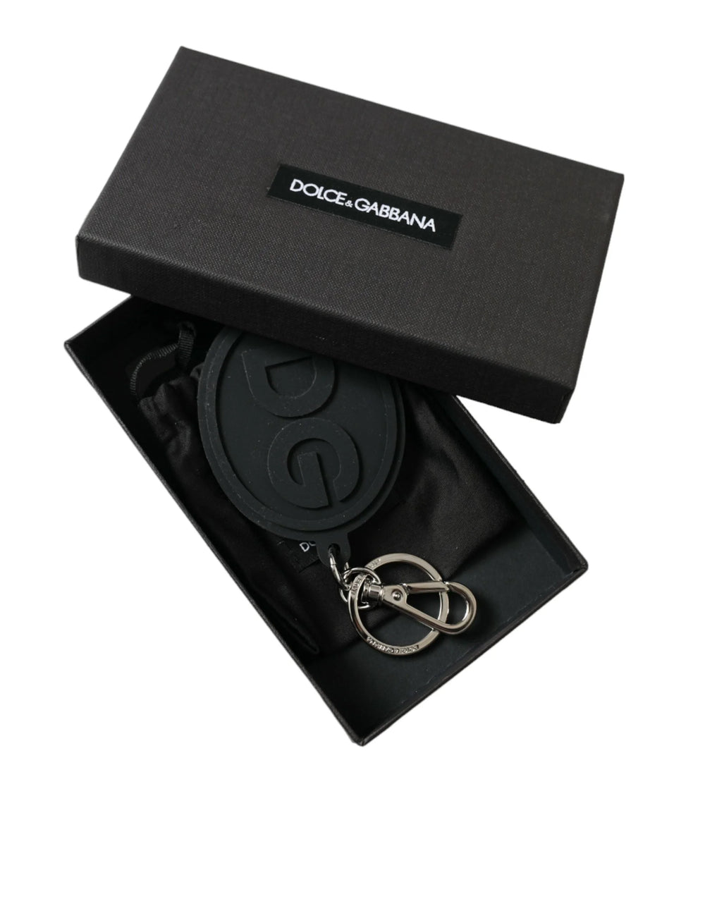 Dolce & Gabbana Black Rubber DG Logo Silver Brass Metal Keyring Keychain - Keychains