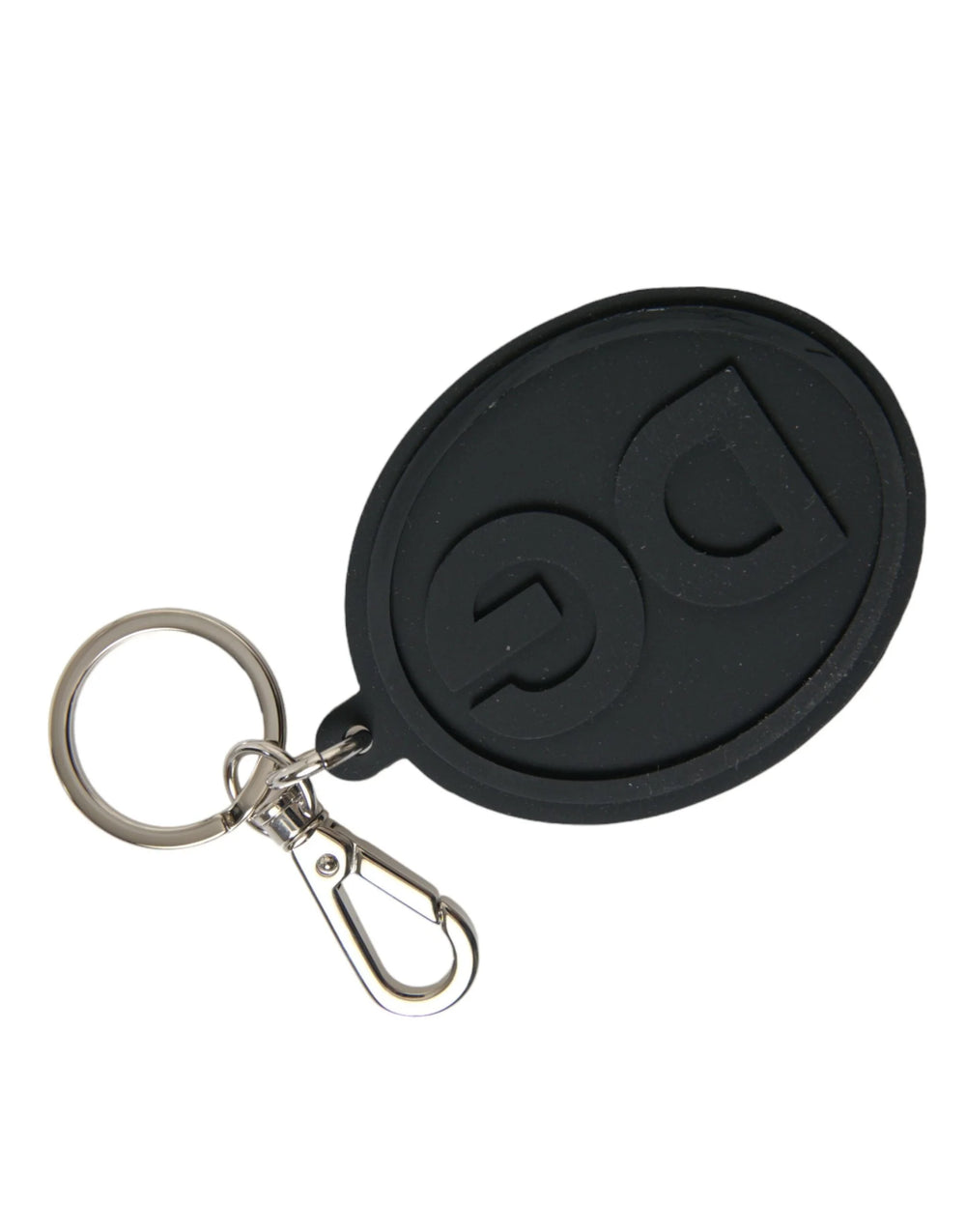 Dolce & Gabbana Black Rubber DG Logo Silver Brass Metal Keyring Keychain - Keychains
