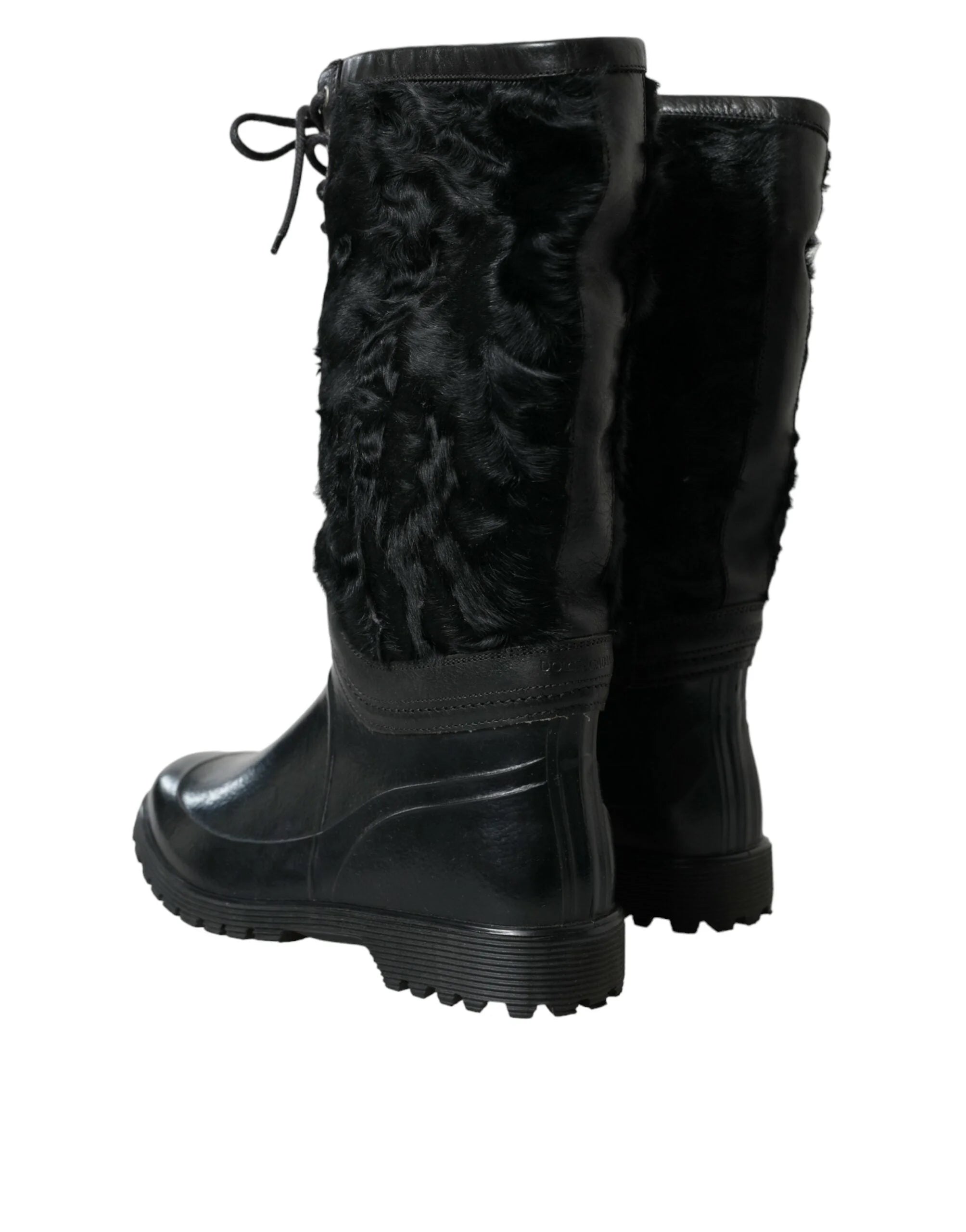 Dolce & Gabbana Black Rubber Lace Up Shearling Rain Boots Shoes - Boots