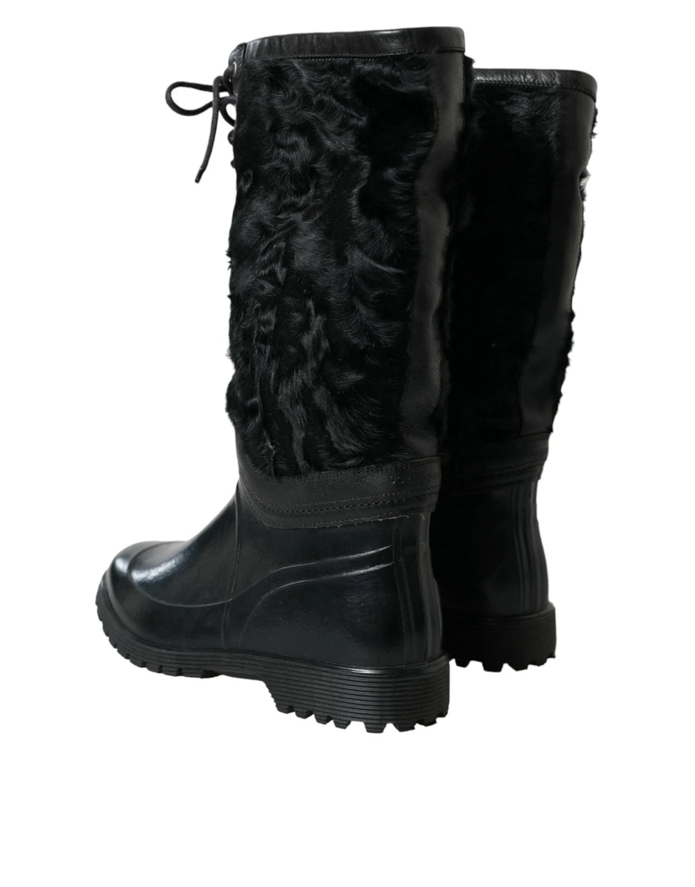 Dolce & Gabbana Black Rubber Lace Up Shearling Rain Boots Shoes - Boots