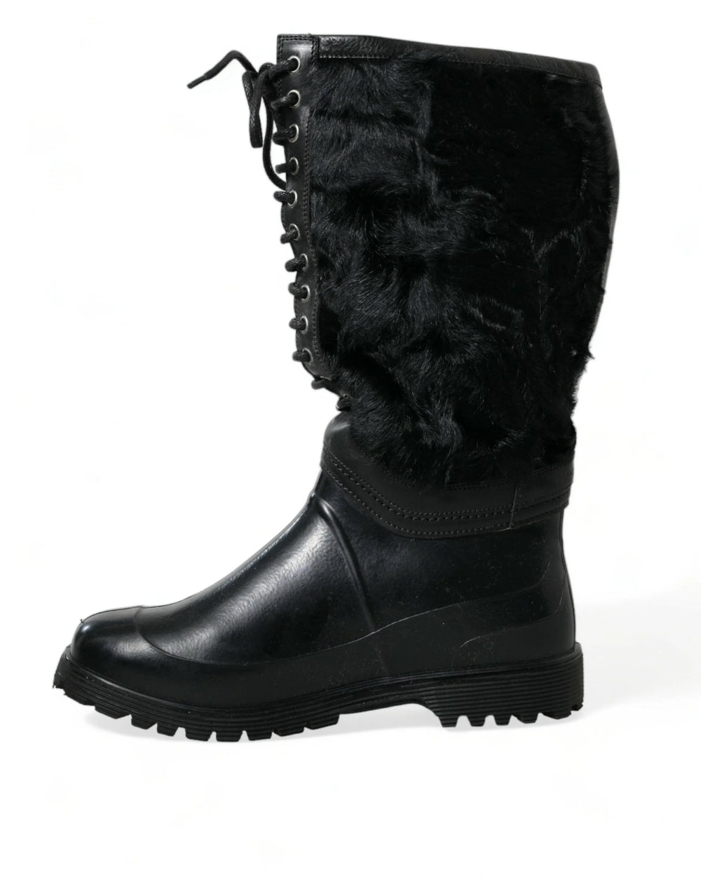 Dolce & Gabbana Black Rubber Lace Up Shearling Rain Boots Shoes - Boots