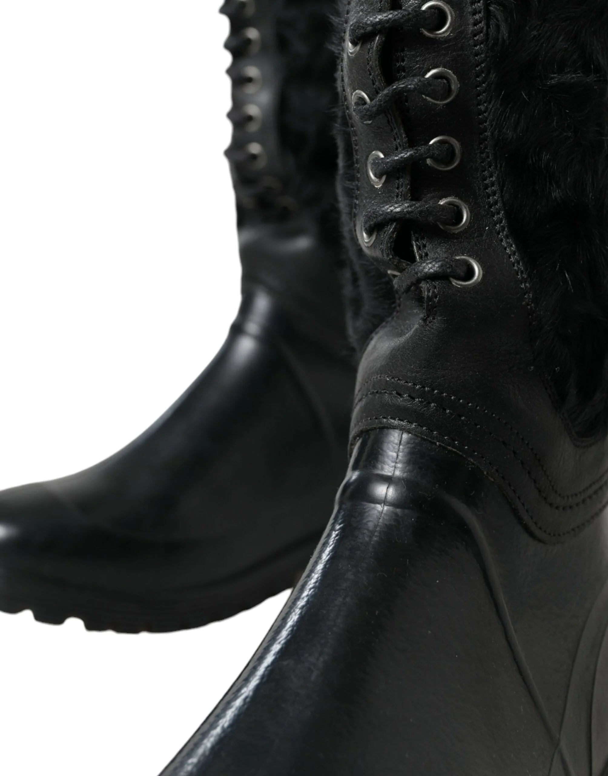 Dolce & Gabbana Black Rubber Lace Up Shearling Rain Boots Shoes - Boots