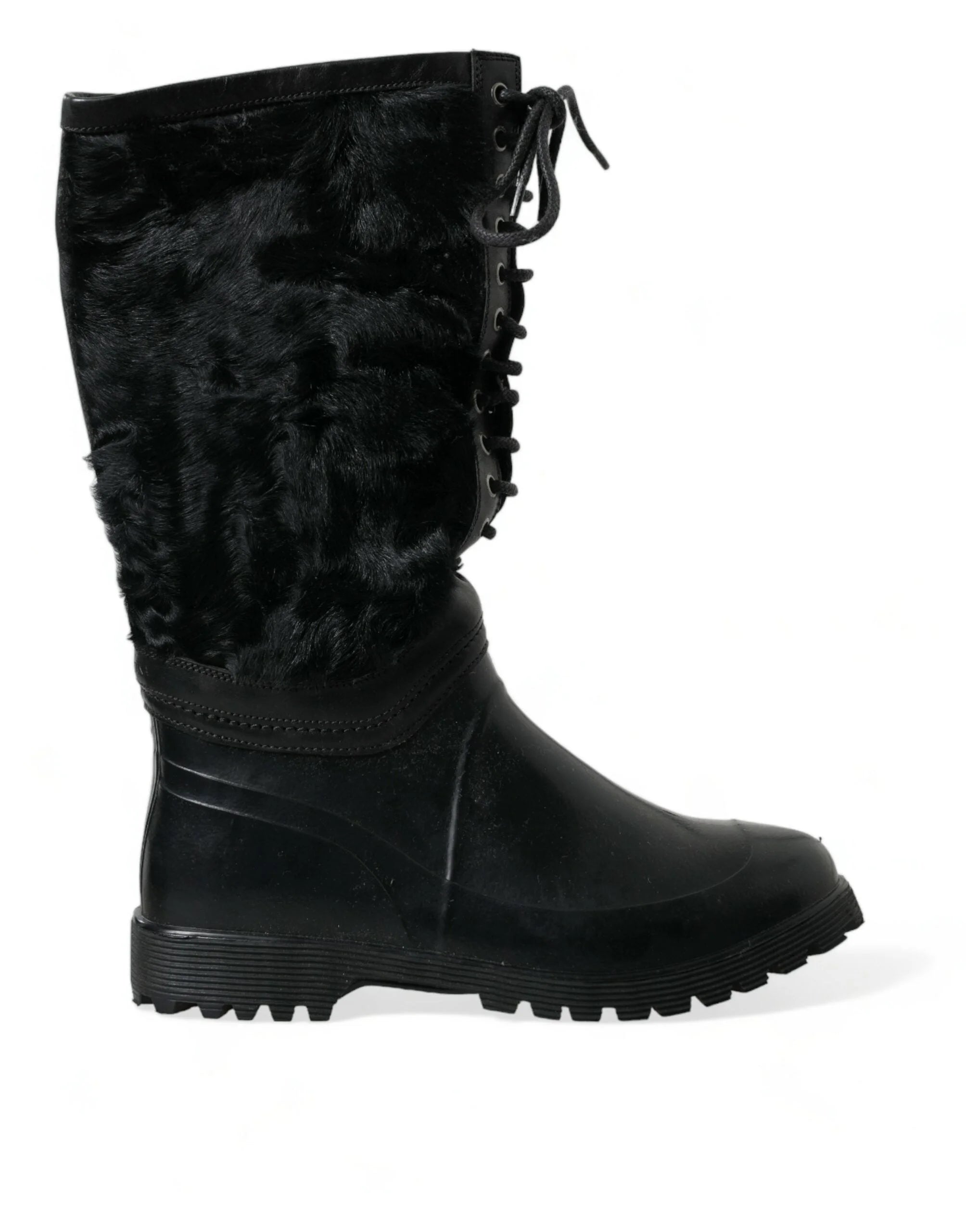 Dolce & Gabbana Black Rubber Lace Up Shearling Rain Boots Shoes - Boots
