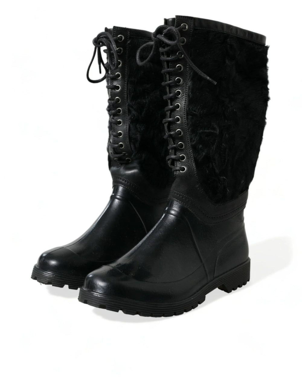 Dolce & Gabbana Black Rubber Lace Up Shearling Rain Boots Shoes - Boots