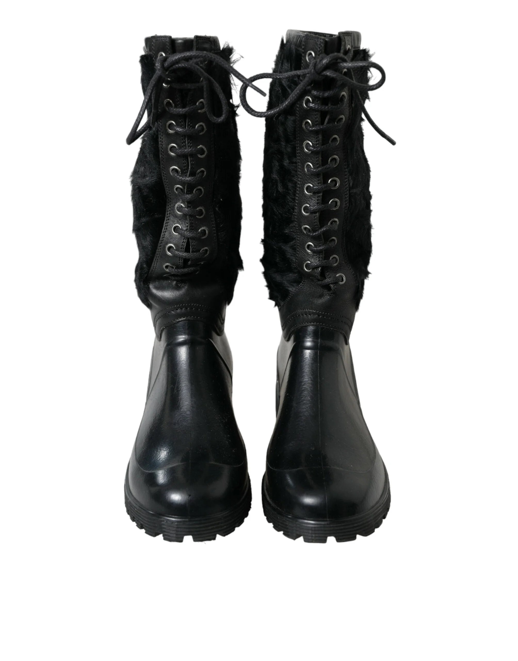 Dolce & Gabbana Black Rubber Lace Up Shearling Rain Boots Shoes - Boots