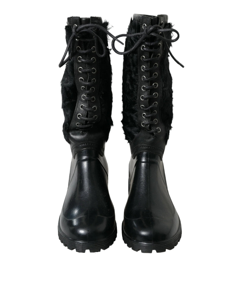 Dolce & Gabbana Black Rubber Lace Up Shearling Rain Boots Shoes - Boots