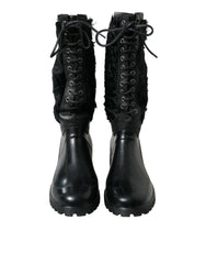 Dolce & Gabbana Black Rubber Lace Up Shearling Rain Boots Shoes - Boots