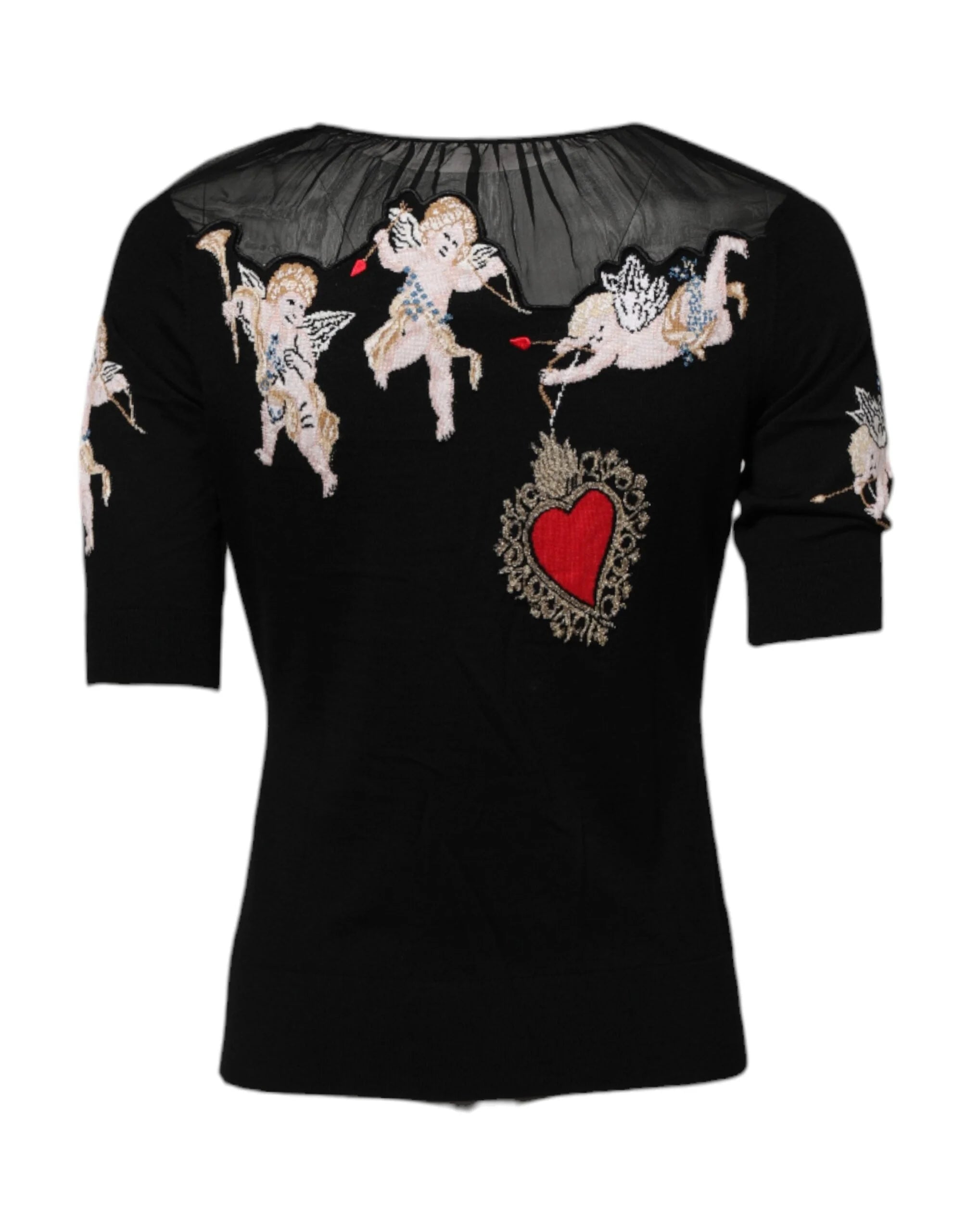 Dolce & Gabbana Black Sacred Heart Embroidered Crewneck Top - IT36|XXS - Sweaters