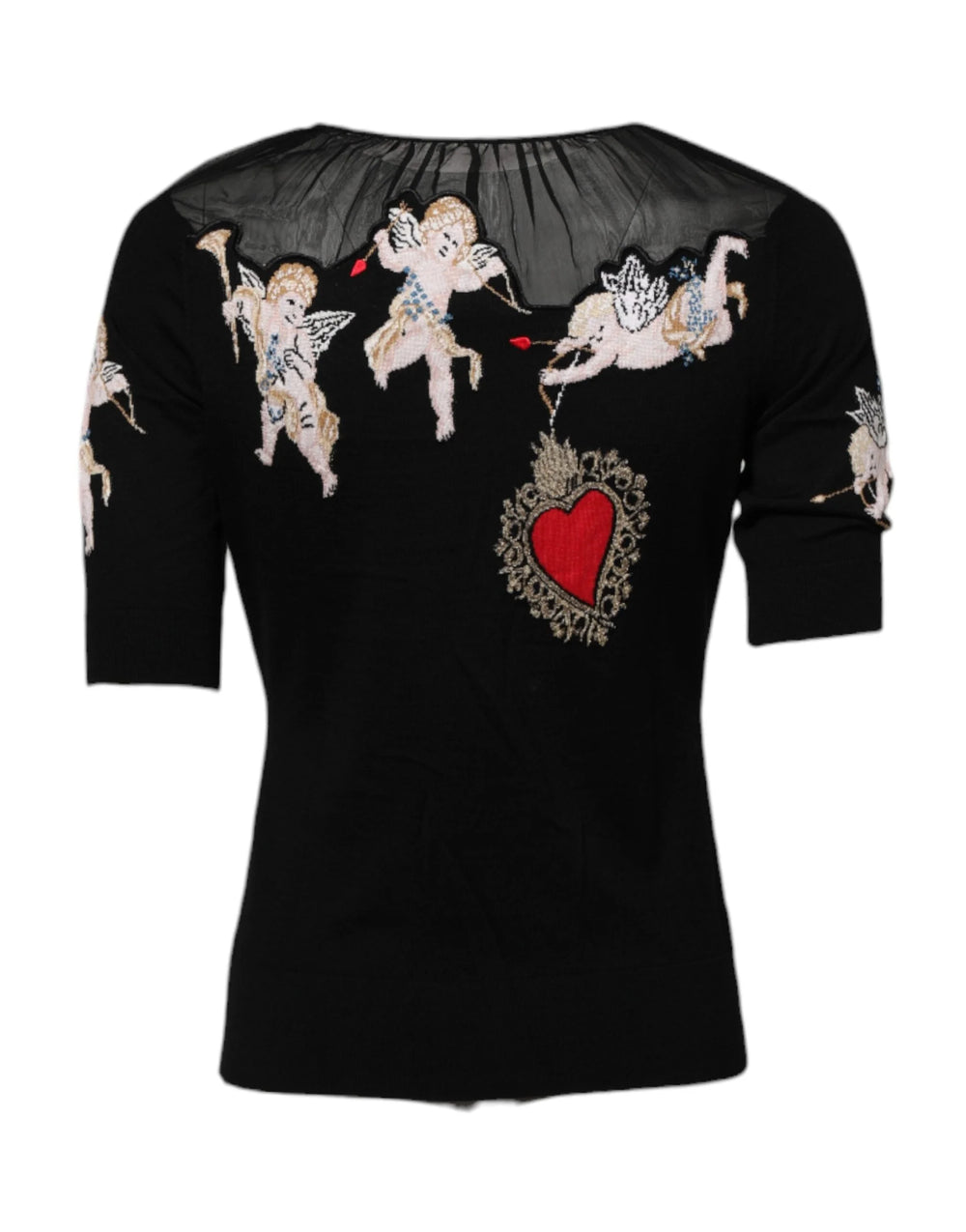 Dolce & Gabbana Black Sacred Heart Embroidered Crewneck Top - IT36|XXS - Sweaters