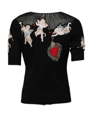 Dolce & Gabbana Black Sacred Heart Embroidered Crewneck Top - IT36|XXS - Sweaters