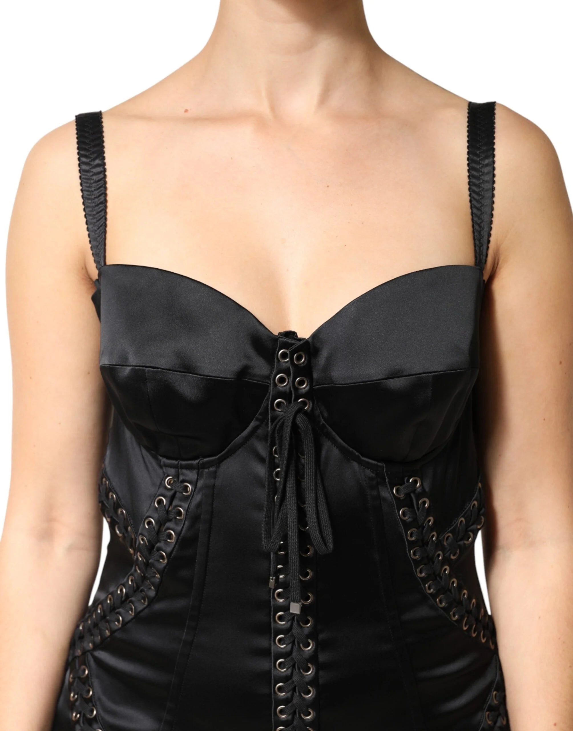 Dolce & Gabbana Black Satin Acetate Lace Eyelets Mini Dress - IT46|XL
