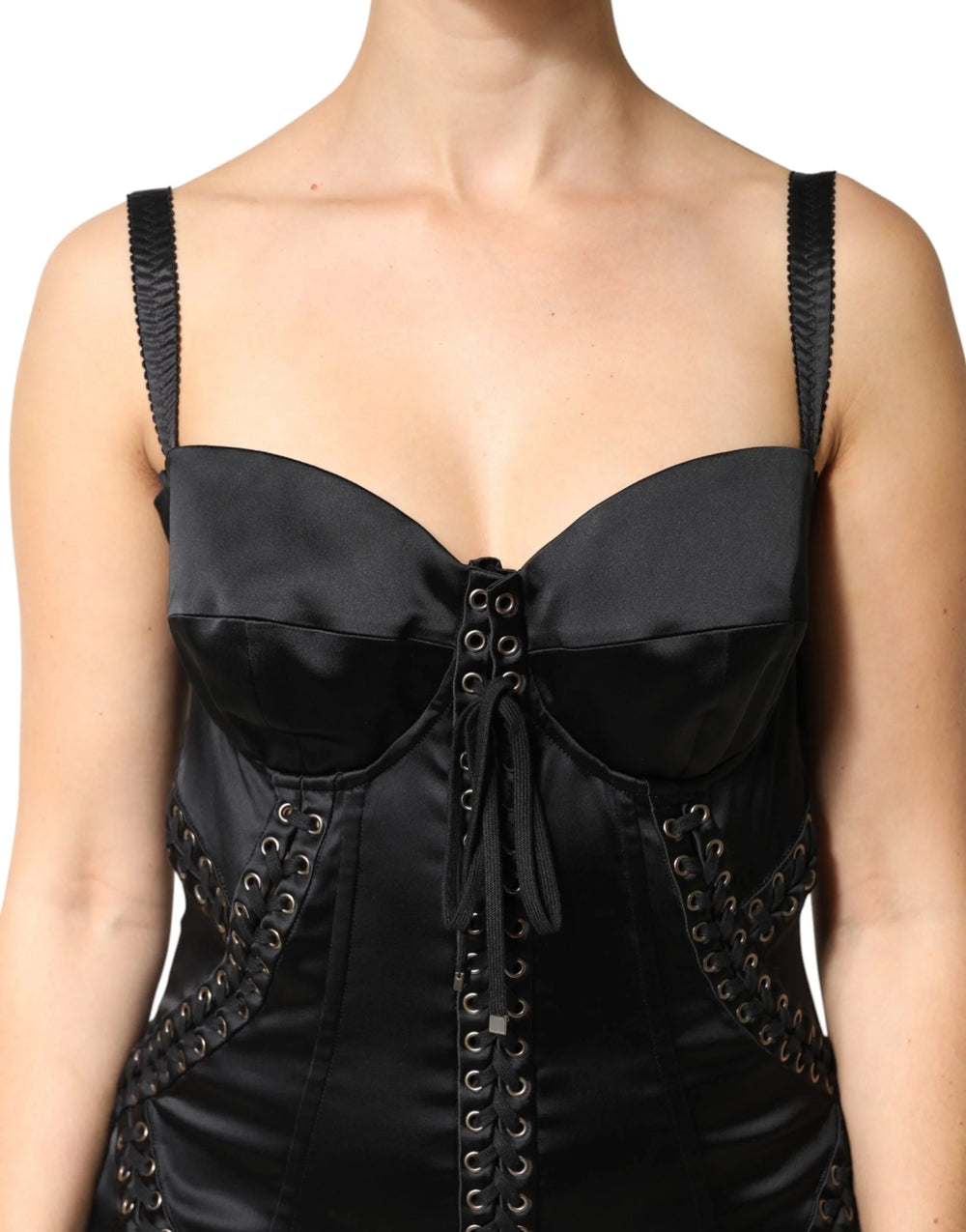 Dolce & Gabbana Black Satin Acetate Lace Eyelets Mini Dress - IT46|XL