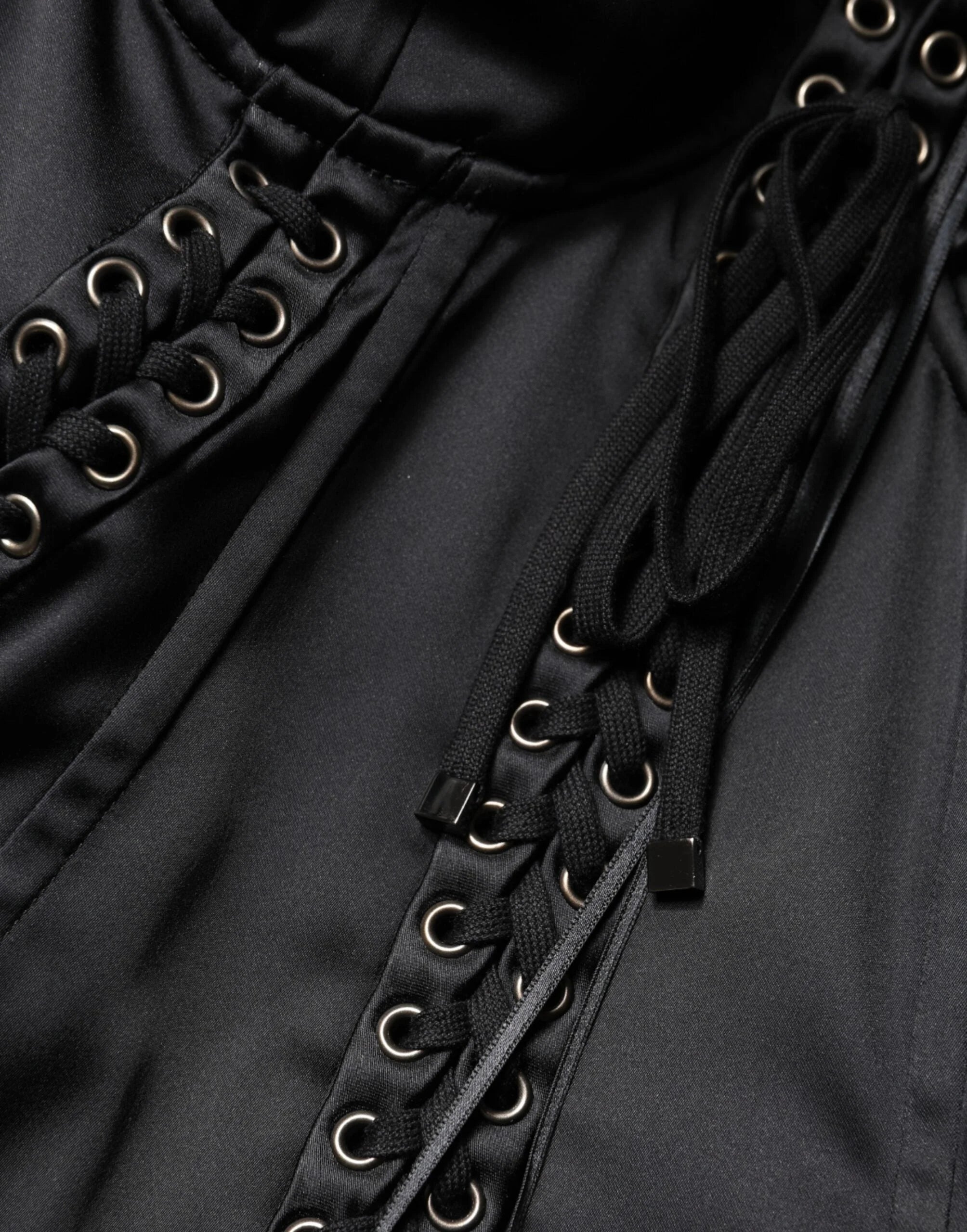 Dolce & Gabbana Black Satin Acetate Lace Eyelets Mini Dress - IT46|XL