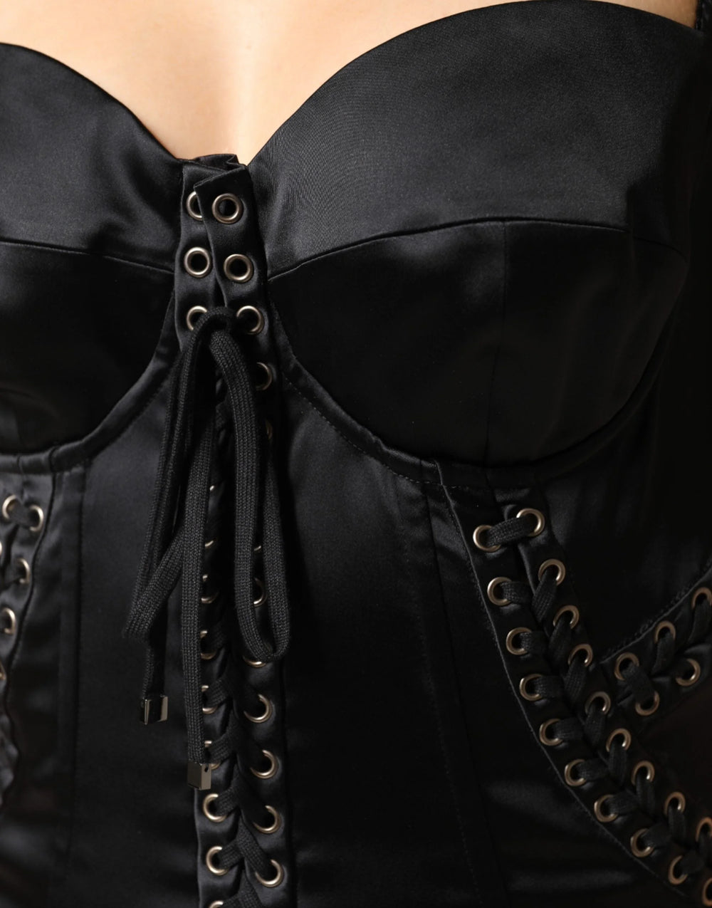 Dolce & Gabbana Black Satin Acetate Lace Eyelets Mini Dress - IT46|XL