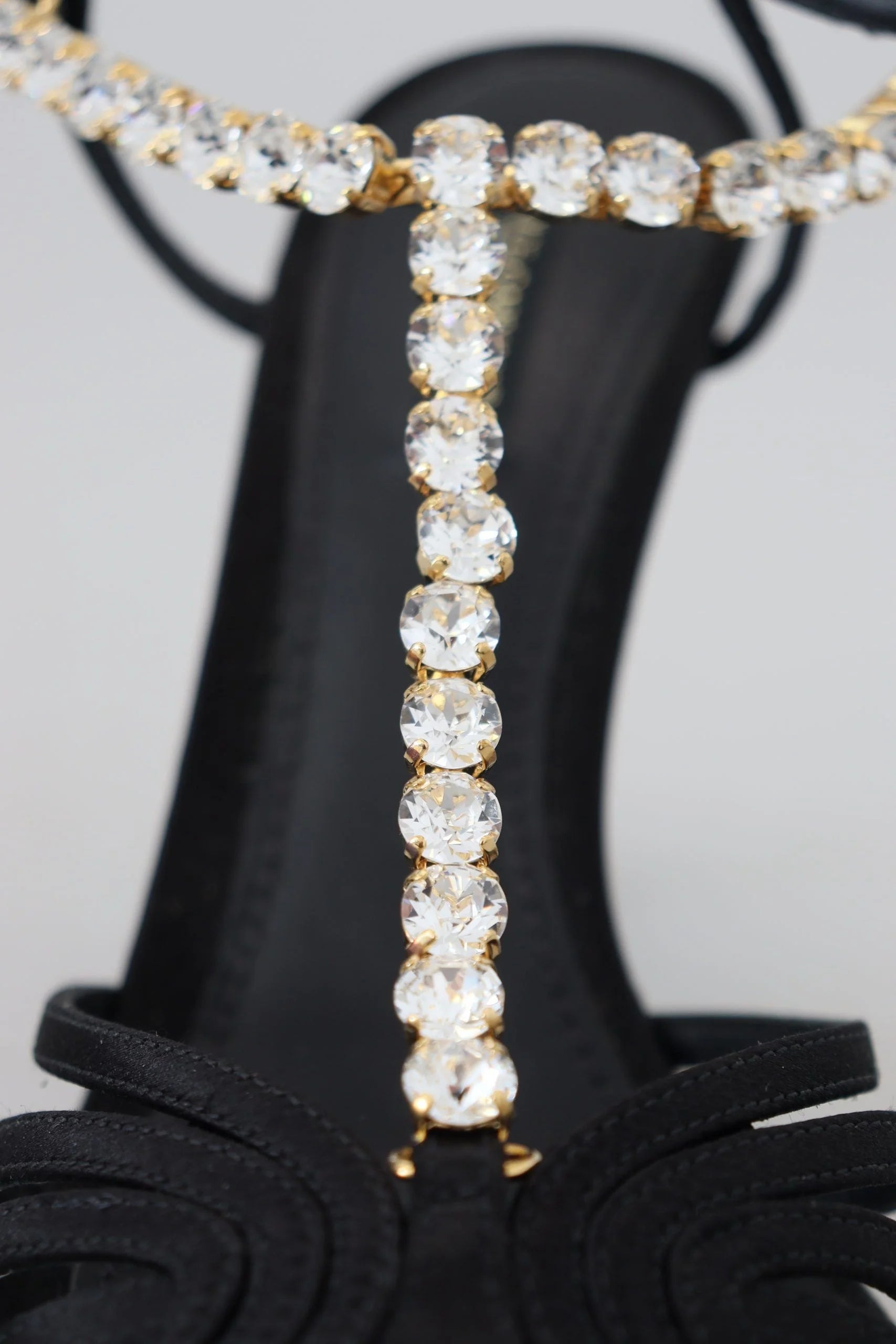 Dolce & Gabbana Black Satin Clear Crystal T-strap Sandal Shoes - EU35.5/US5