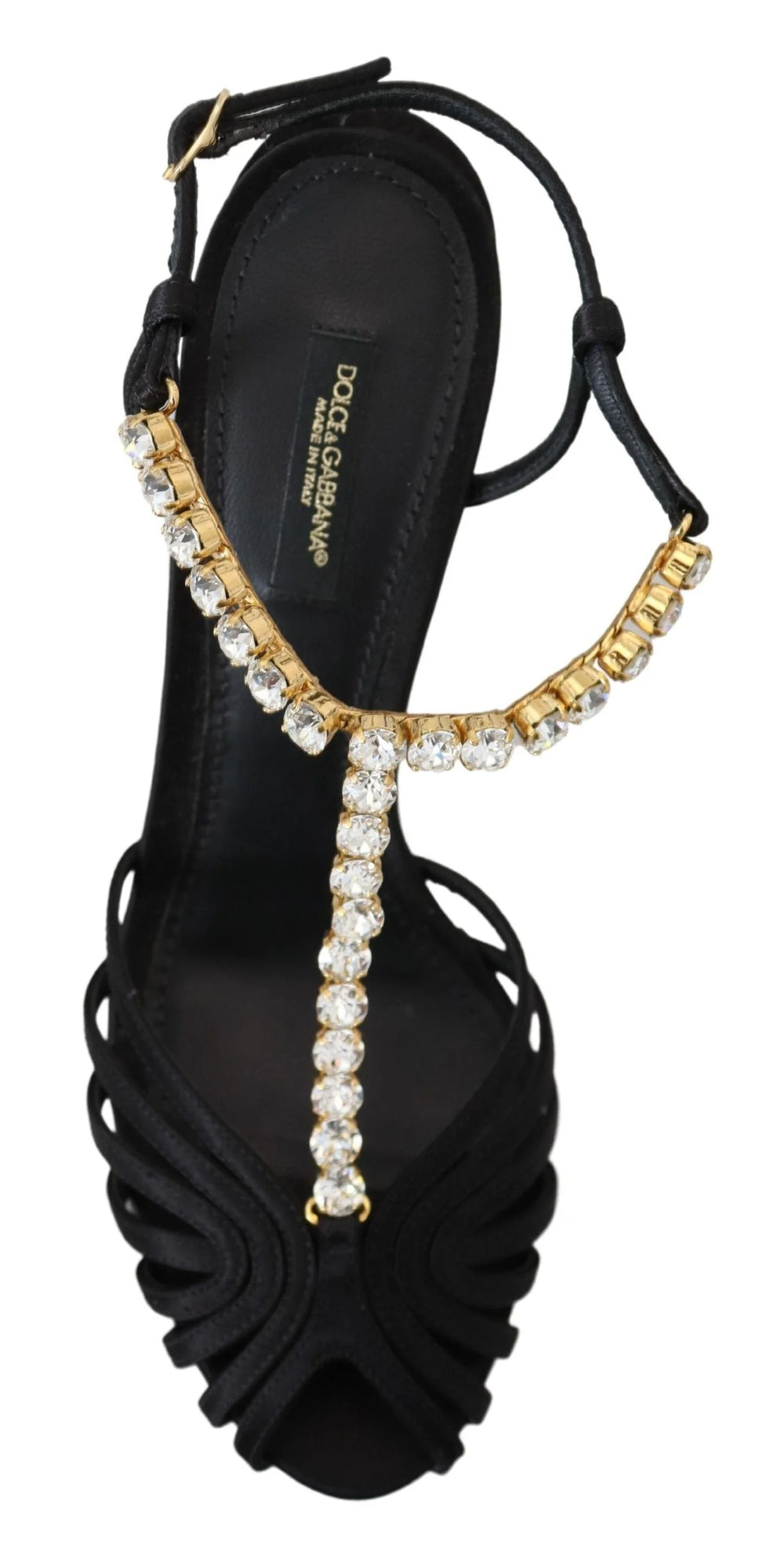 Dolce & Gabbana Black Satin Clear Crystal T-strap Sandal Shoes - Sandals