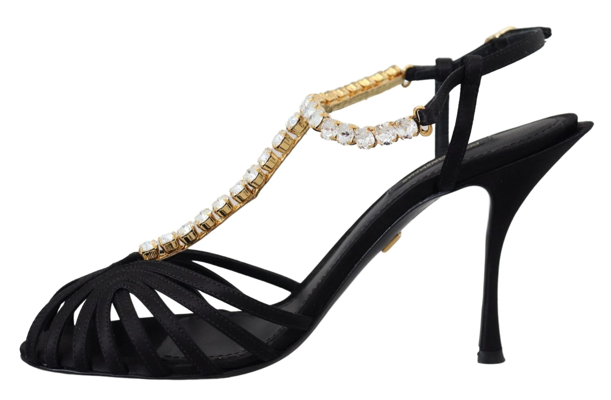Dolce & Gabbana Black Satin Clear Crystal T-strap Sandal Shoes - Sandals