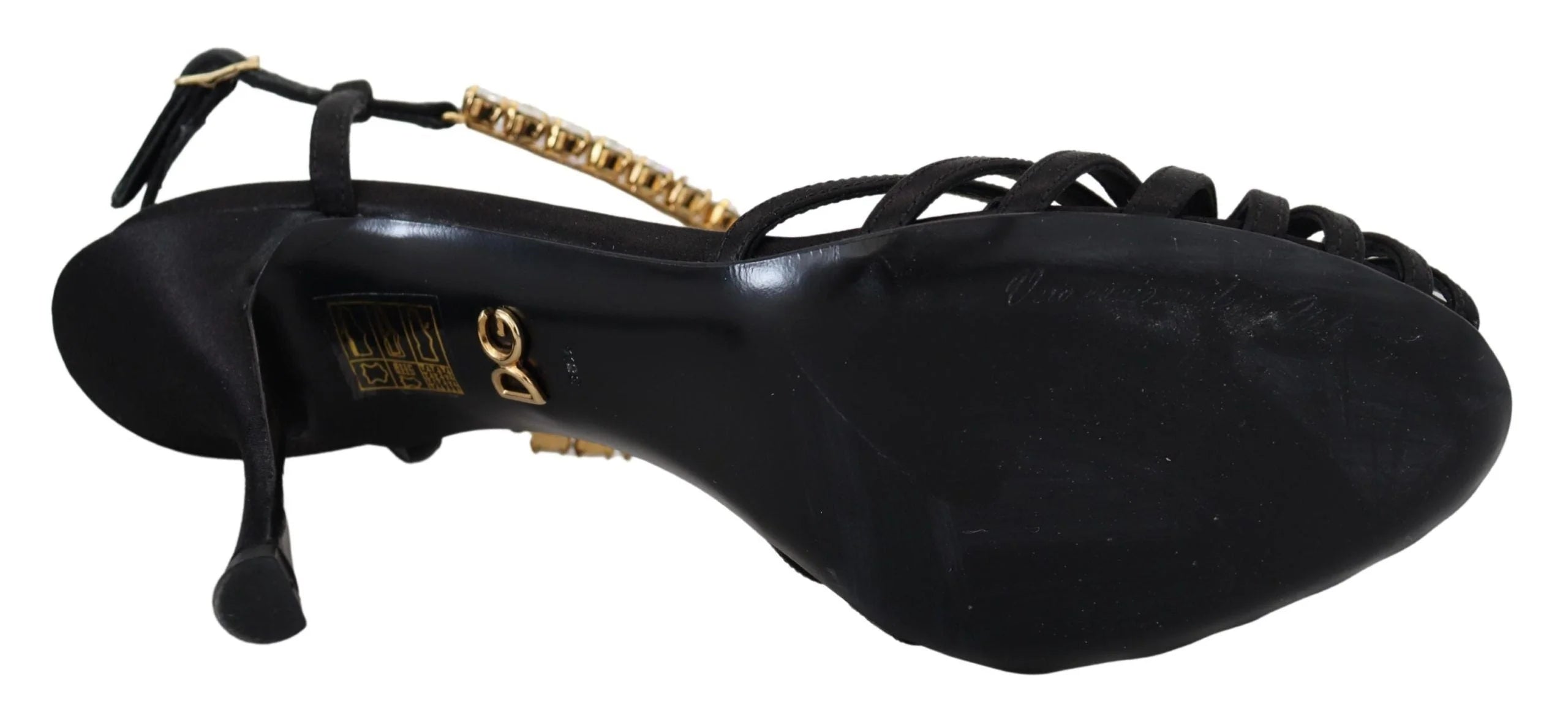 Dolce & Gabbana Black Satin Clear Crystal T-strap Sandal Shoes - Sandals